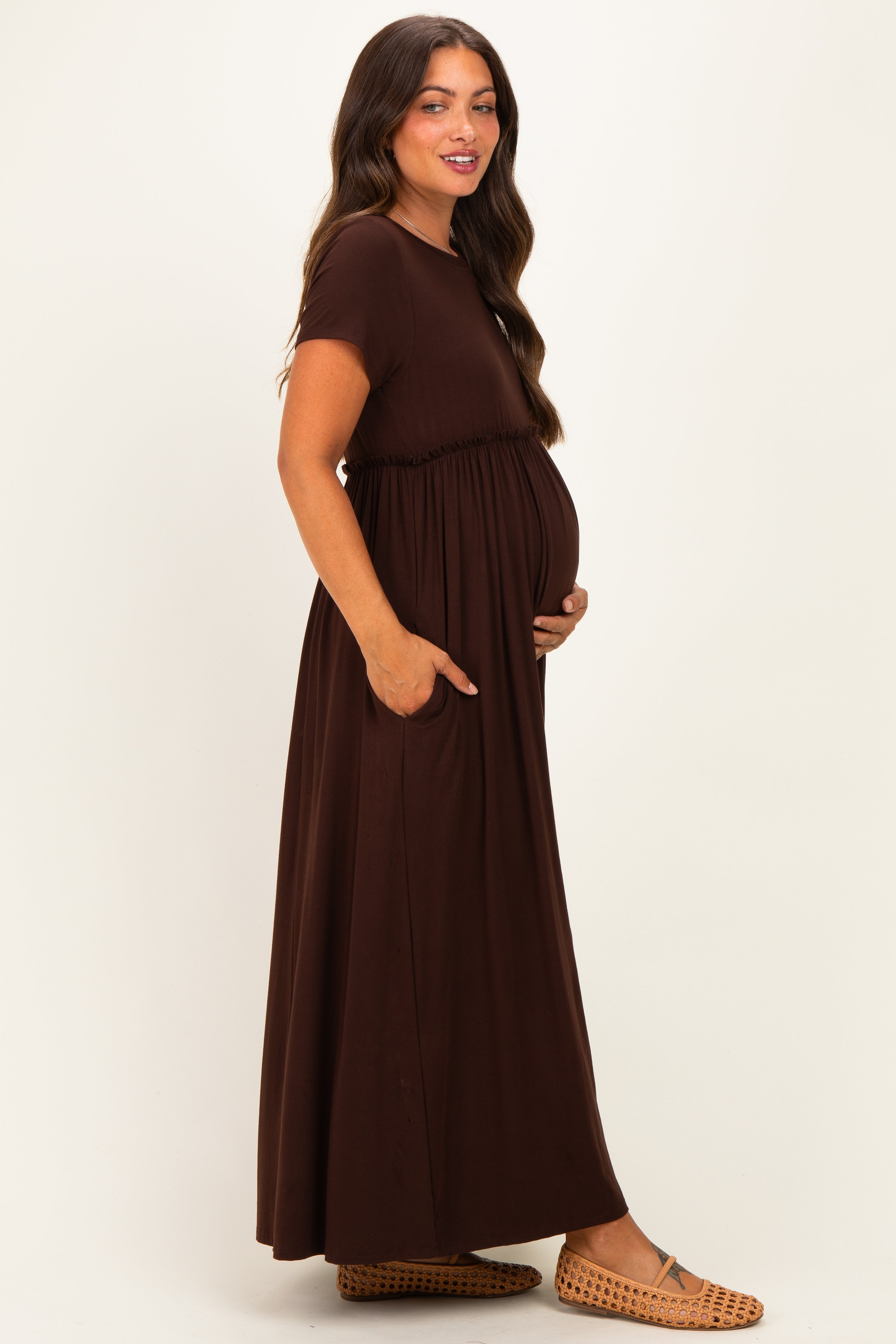 Brown Ruffle Trim Maternity Maxi Dress
