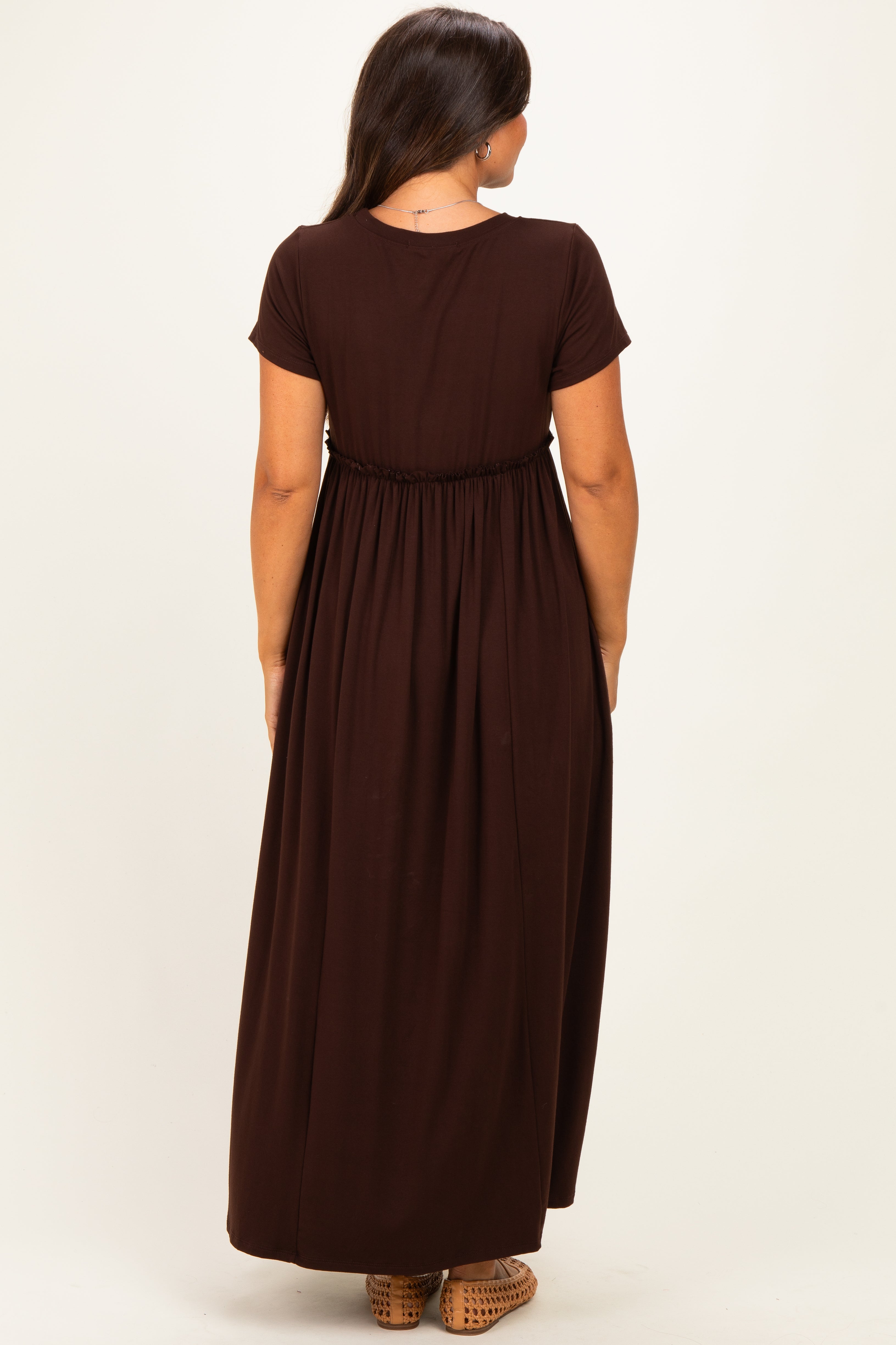 Brown Ruffle Trim Maternity Maxi Dress
