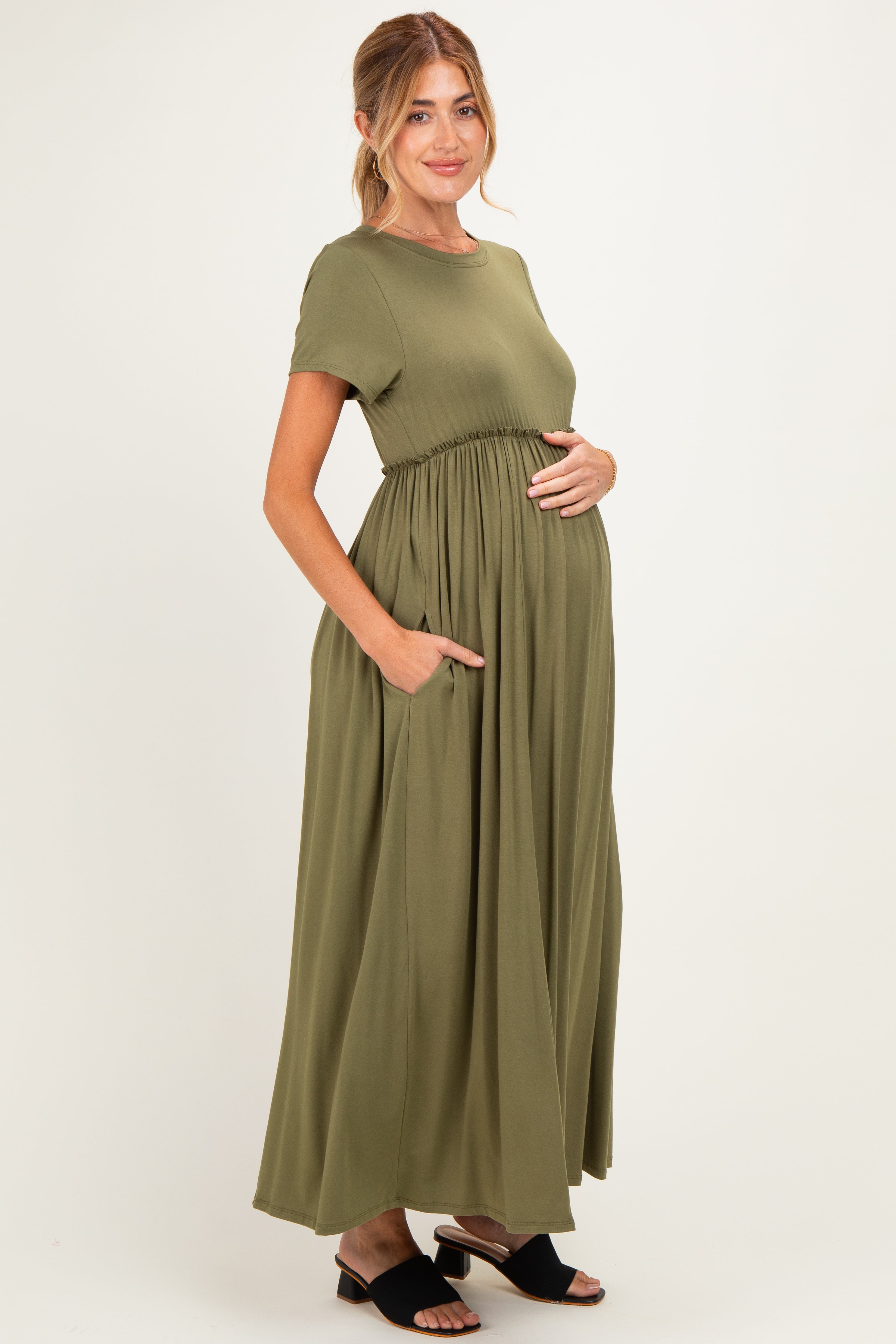 Olive Ruffle Trim Maternity Maxi Dress