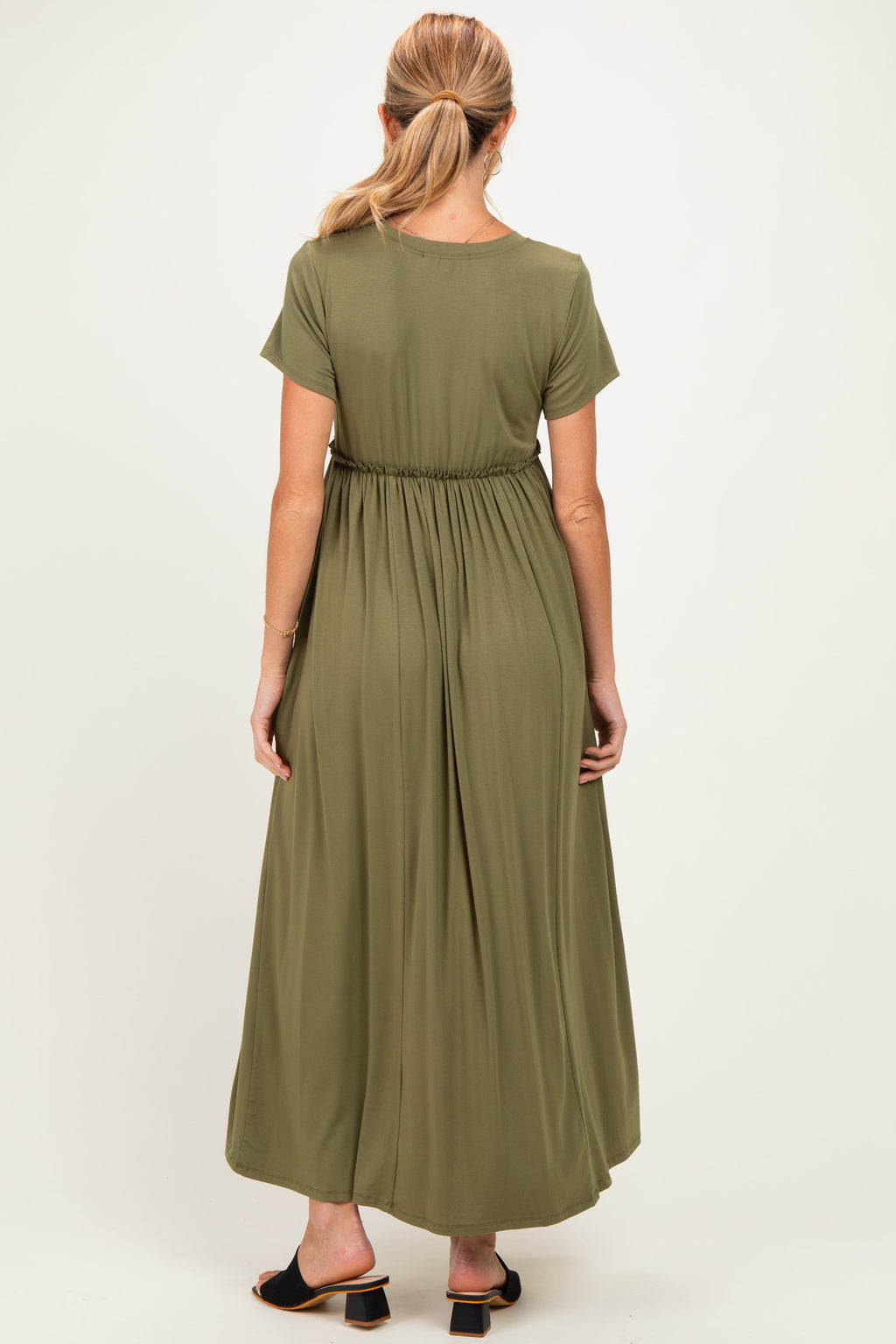 Olive Ruffle Trim Maternity Maxi Dress