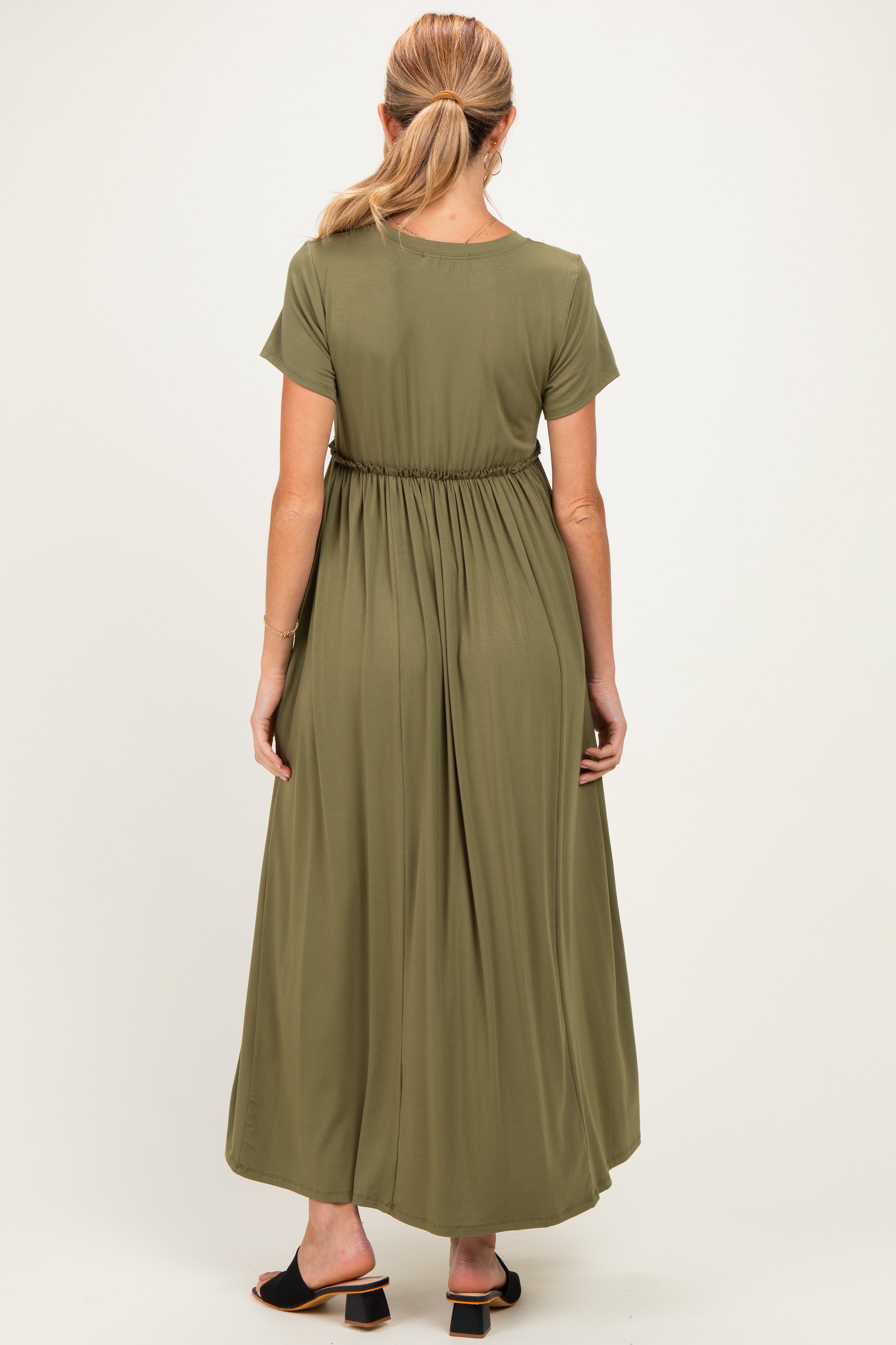 Olive Ruffle Trim Maternity Maxi Dress