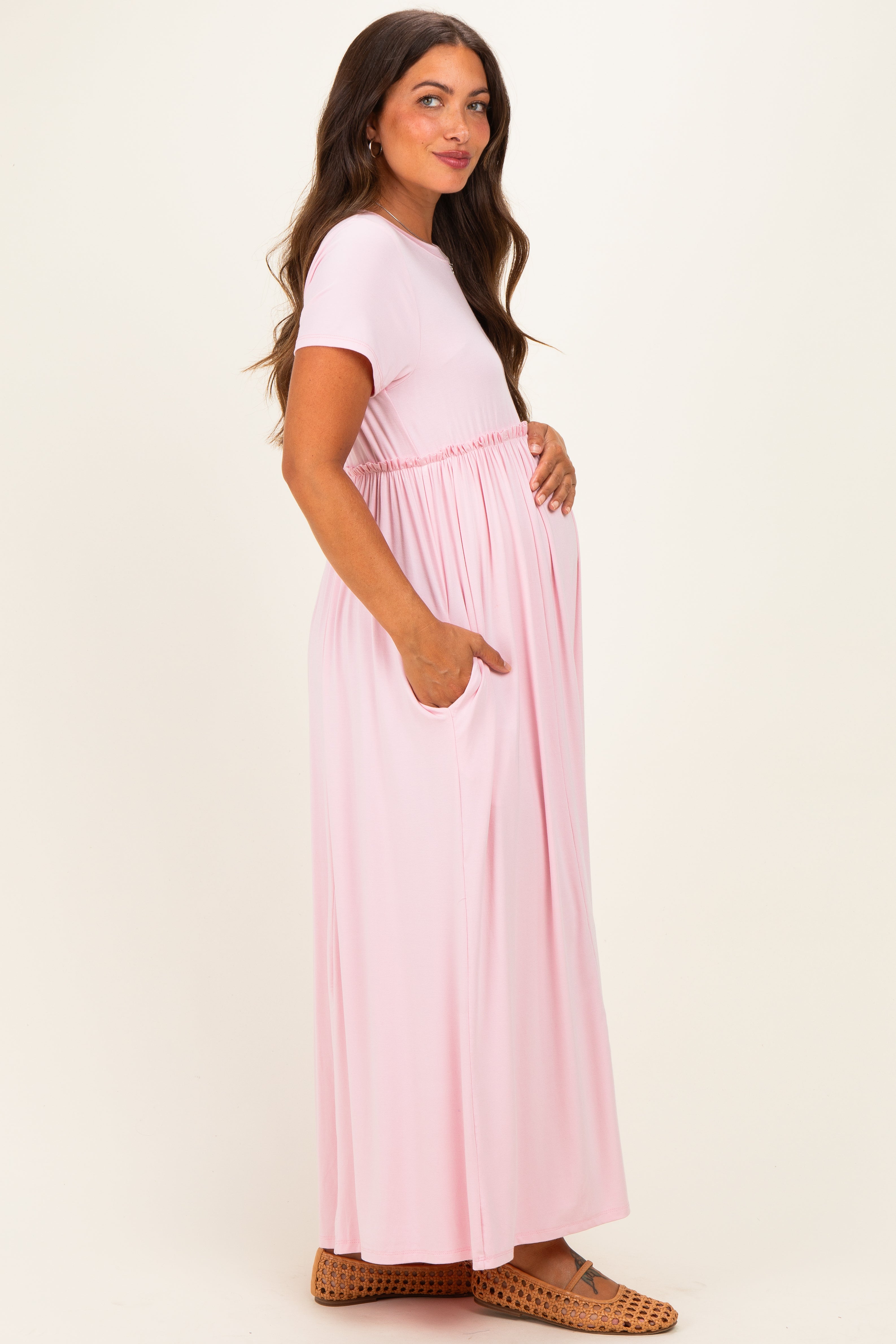 Pink Ruffle Trim Maternity Maxi Dress