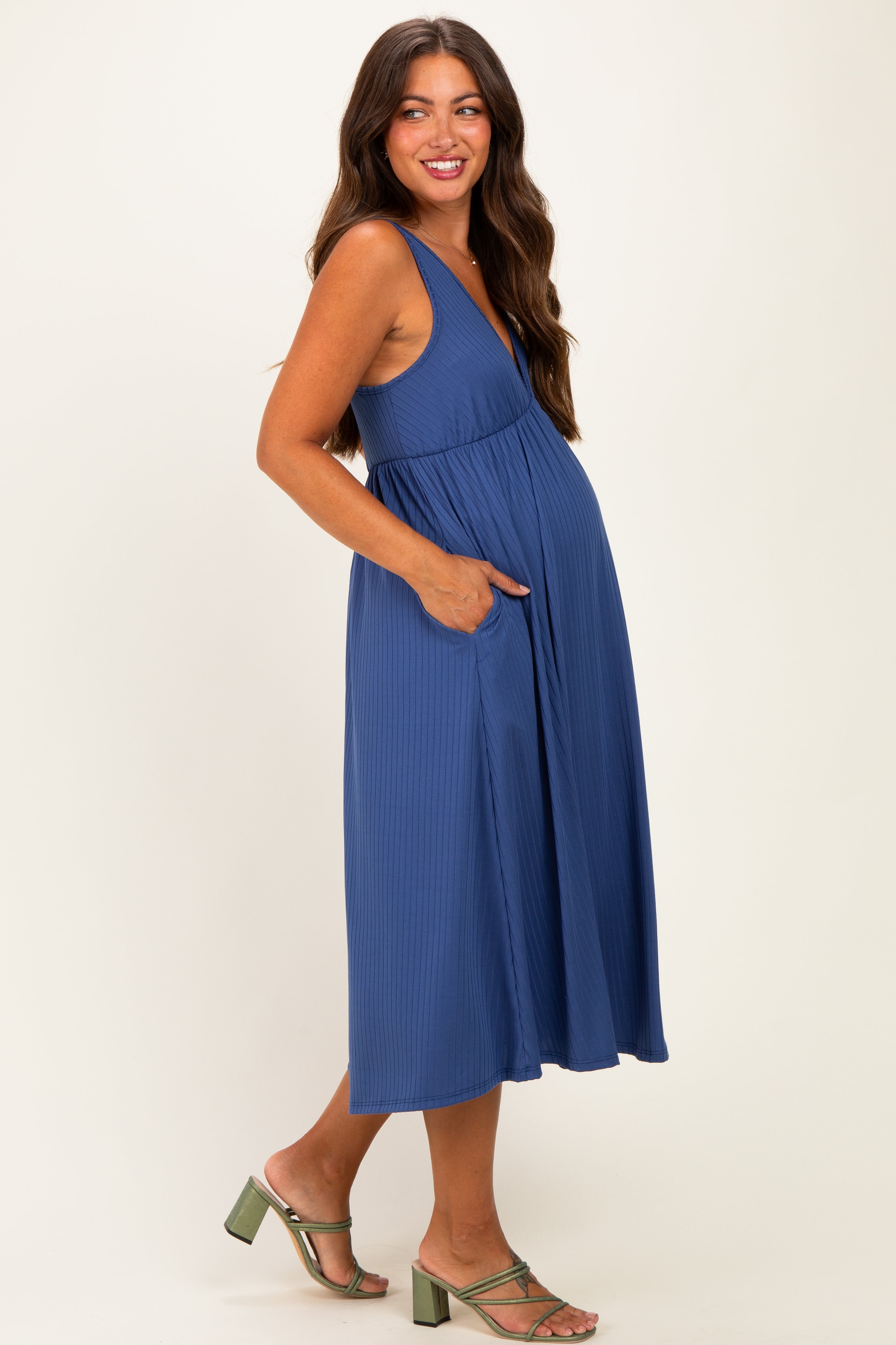 Blue Sleeveless Ribbed Knit A-Line Maternity Midi Dress
