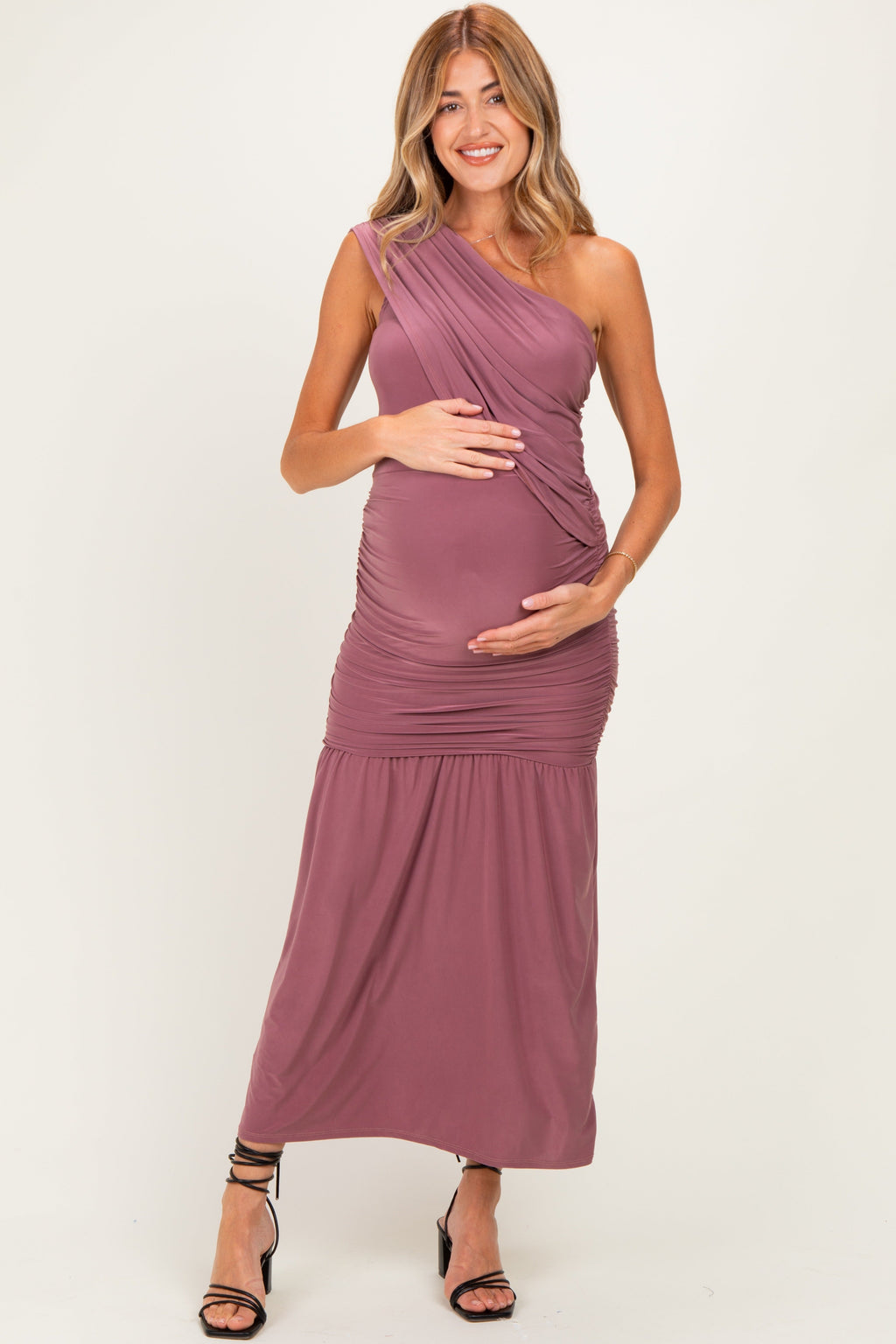 Mauve One Shoulder Ruched Maternity Maxi Dress
