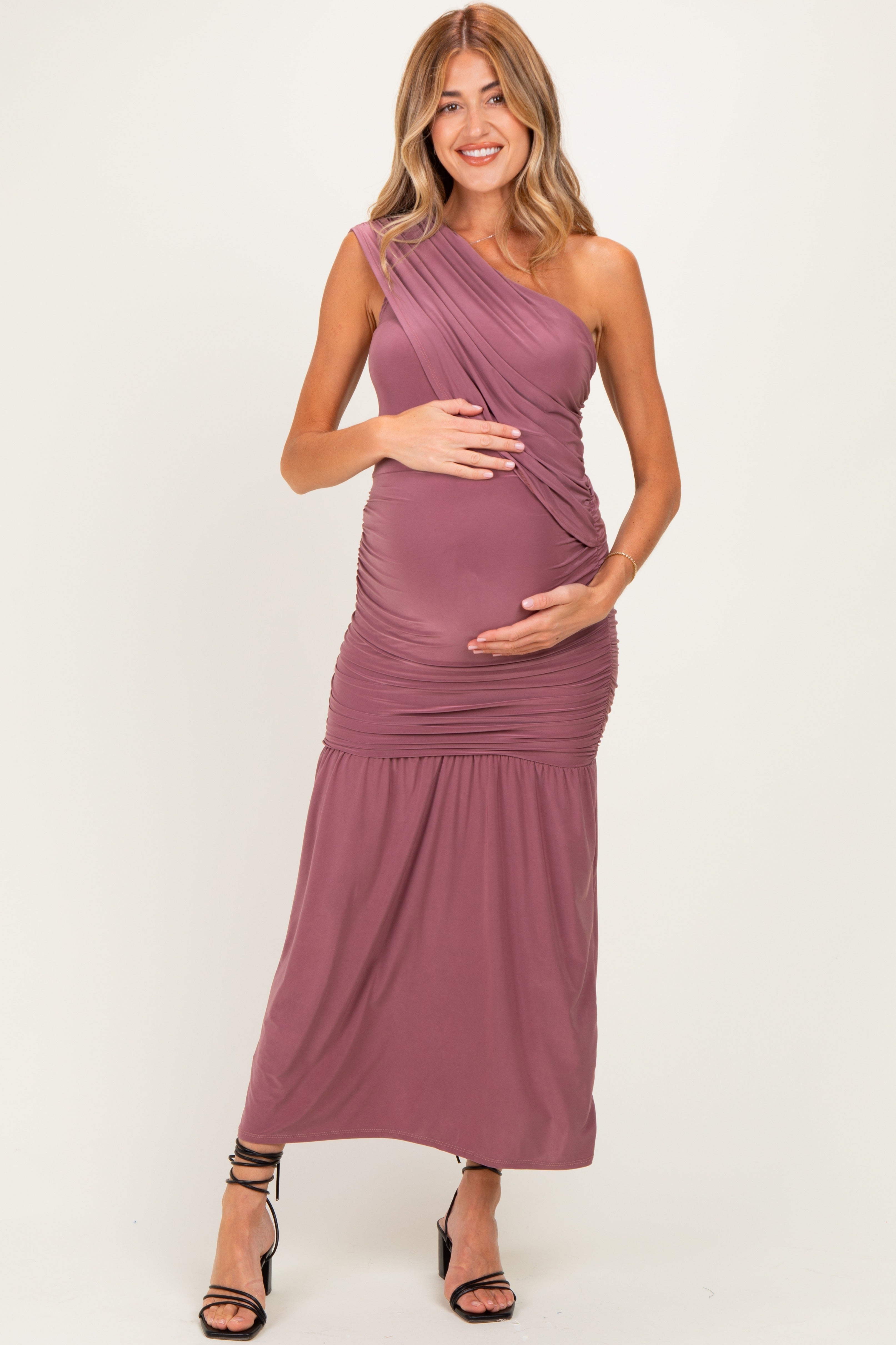 Mauve One Shoulder Ruched Maternity Maxi Dress