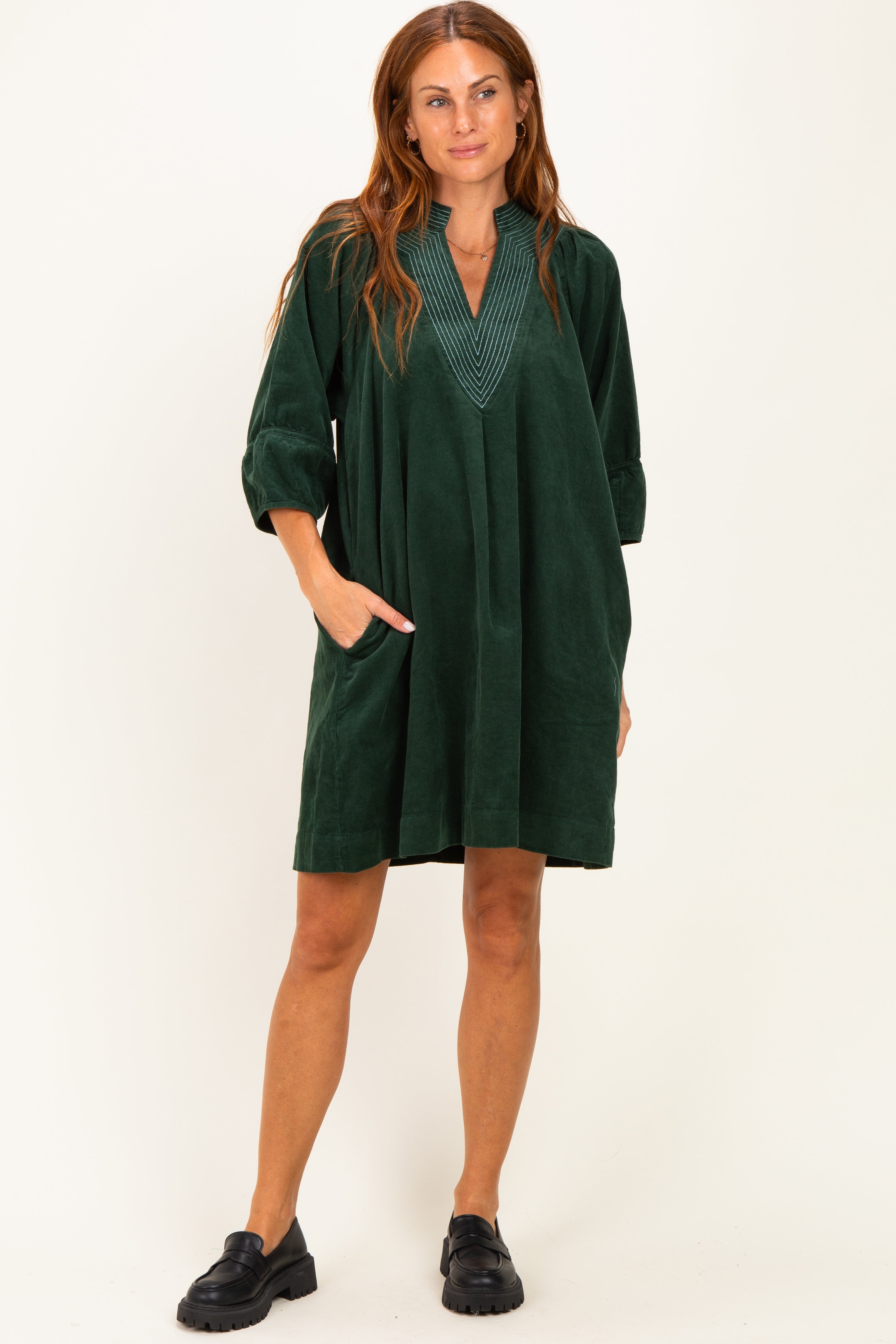 Forest Green Corduroy Contrast Stitched Maternity Dress