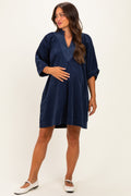 Navy Corduroy Contrast Stitched Maternity Dress