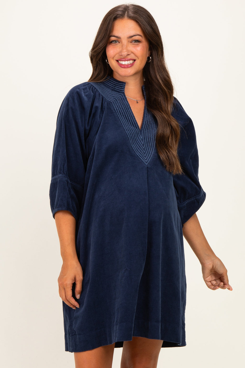 Navy Corduroy Contrast Stitched Maternity Dress