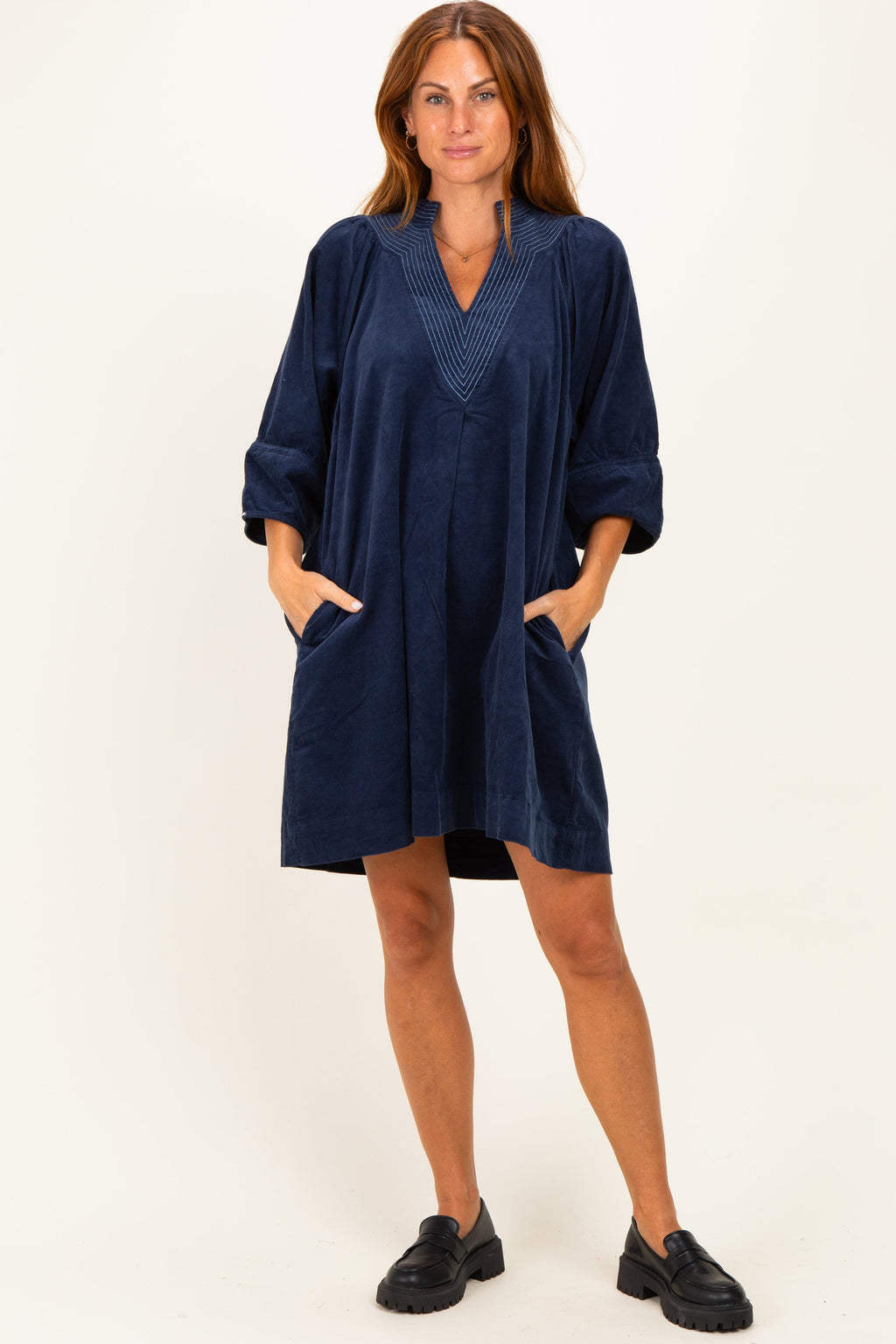 Navy Corduroy Contrast Stitched Maternity Dress