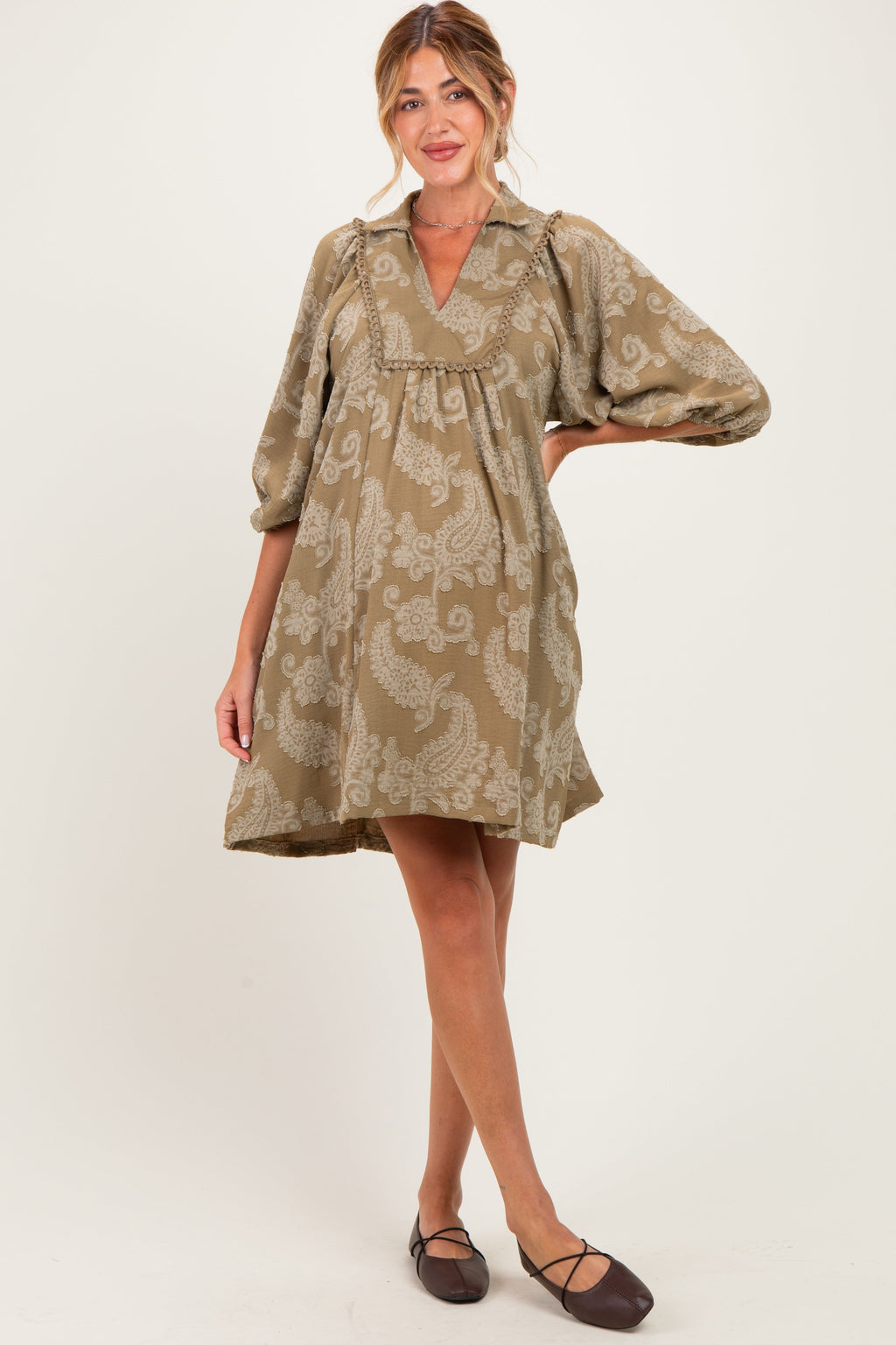 Light Olive Paisley Puff Sleeve Maternity Dress
