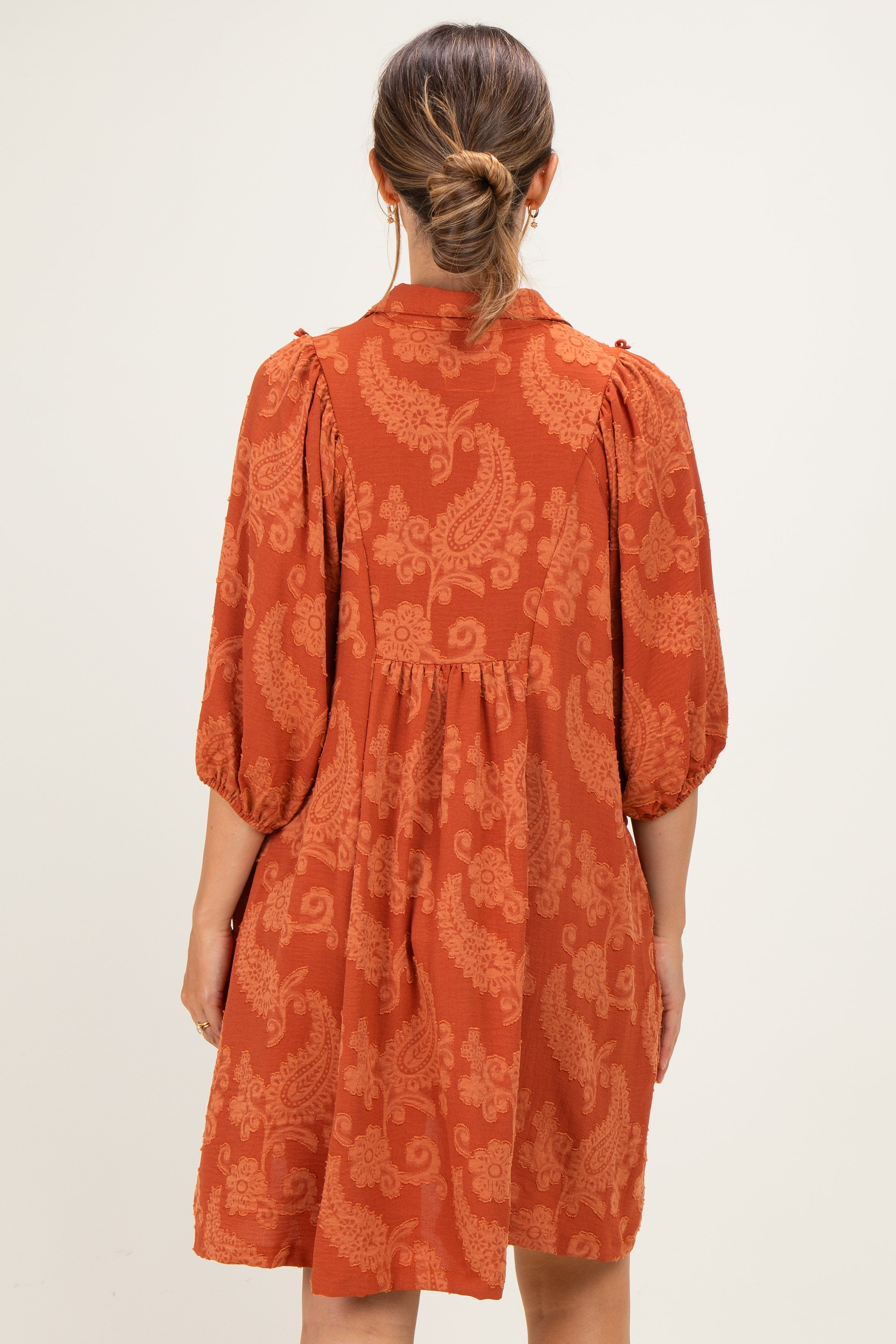 Rust Paisley Puff Sleeve Maternity Dress