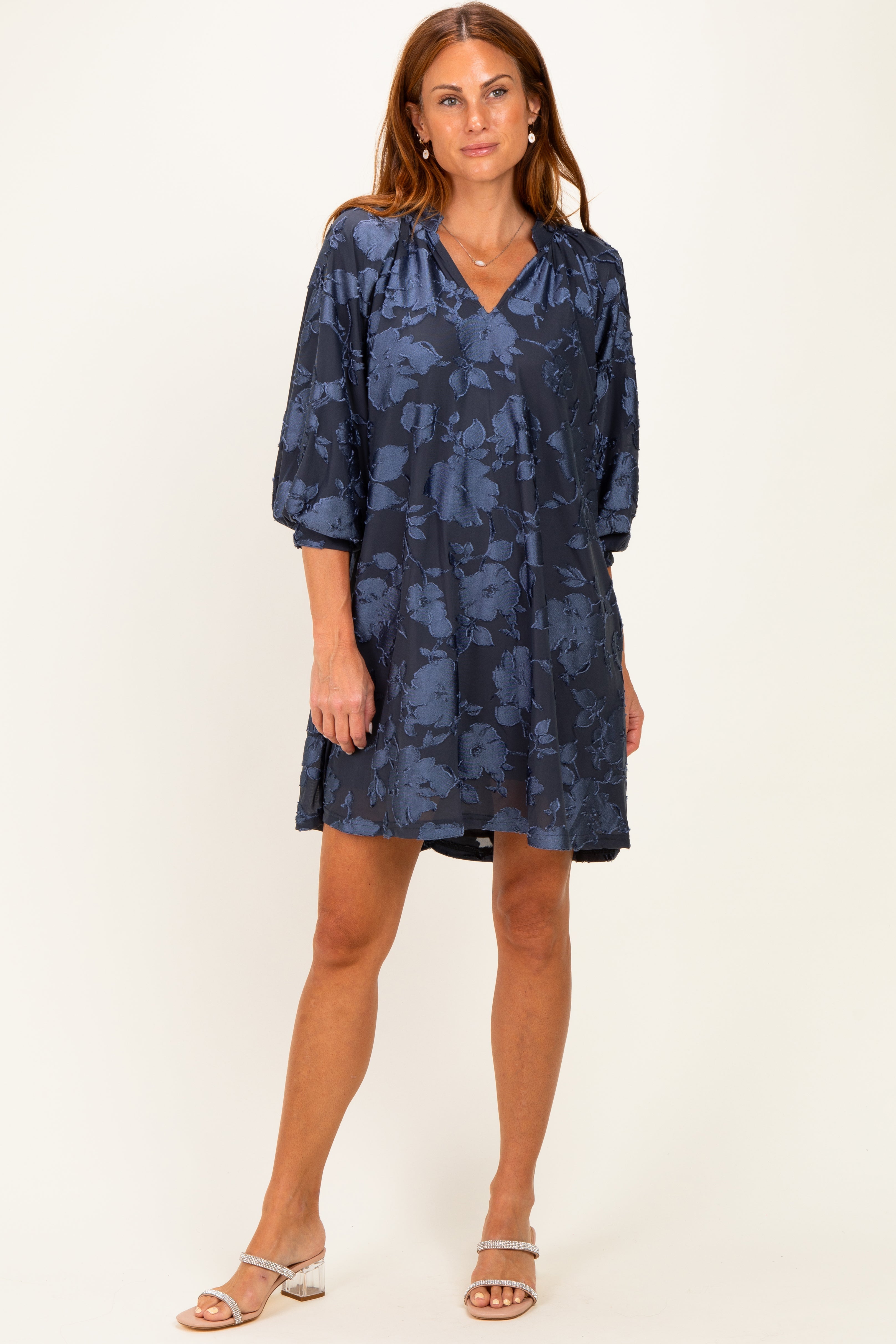 Navy Blue Floral Velvet Maternity Dress