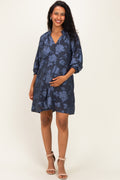 Navy Blue Floral Velvet Maternity Dress