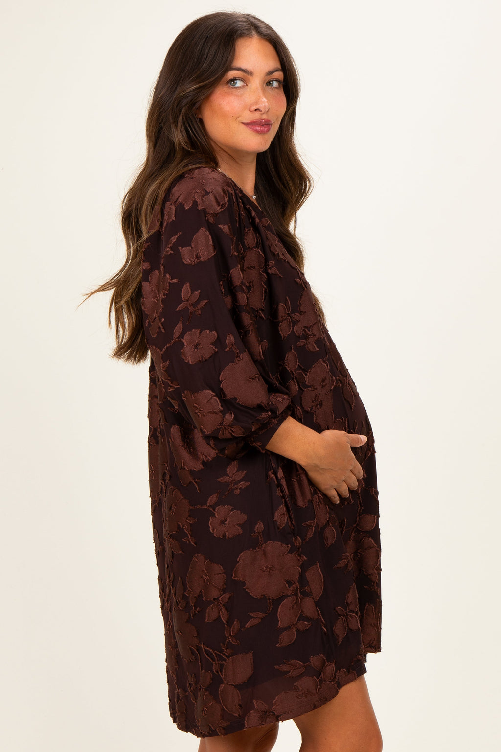 Brown Floral Velvet Maternity Dress