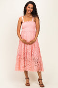 Pink Ribbon Strap Smocked Lace Maternity Midi Dress