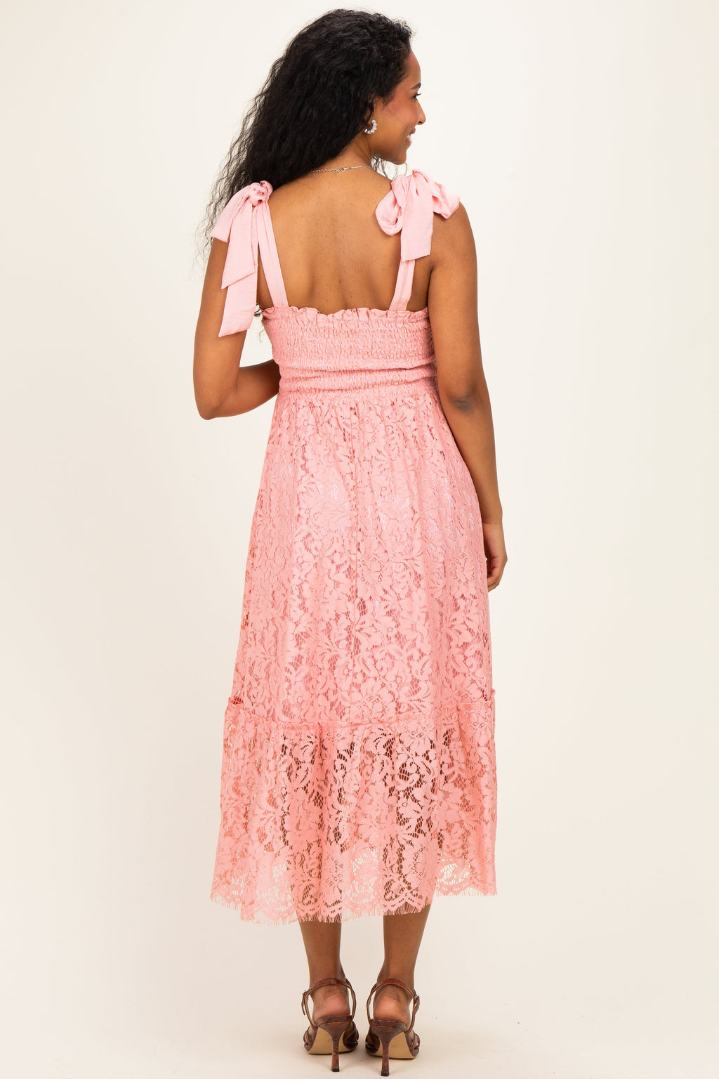 Pink Ribbon Strap Smocked Lace Maternity Midi Dress
