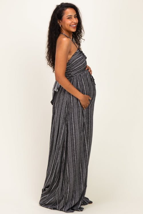Black Printed V Neck Maternity Maxi Dress