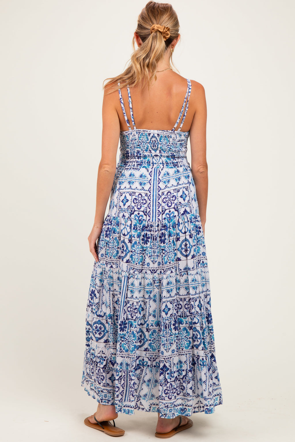Blue Printed V-Neck Lace Tim Maternity Maxi Dress
