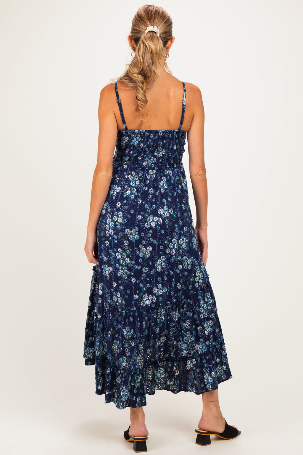 Navy Floral Eyelet Lace Ruffle Hem Maternity Midi Dress