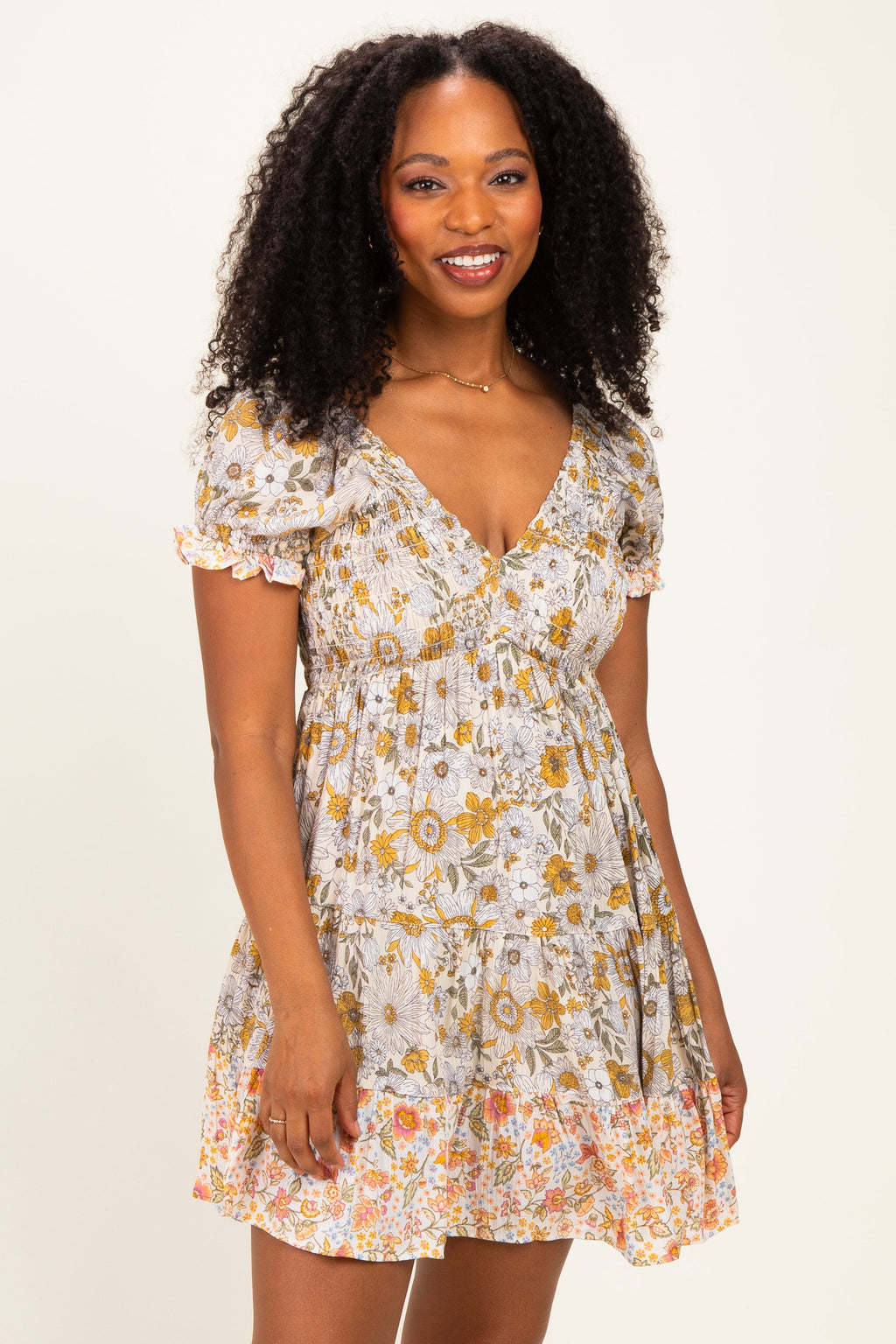 Lemon Mixed Floral V-Neck Smocked Maternity Mini Dress
