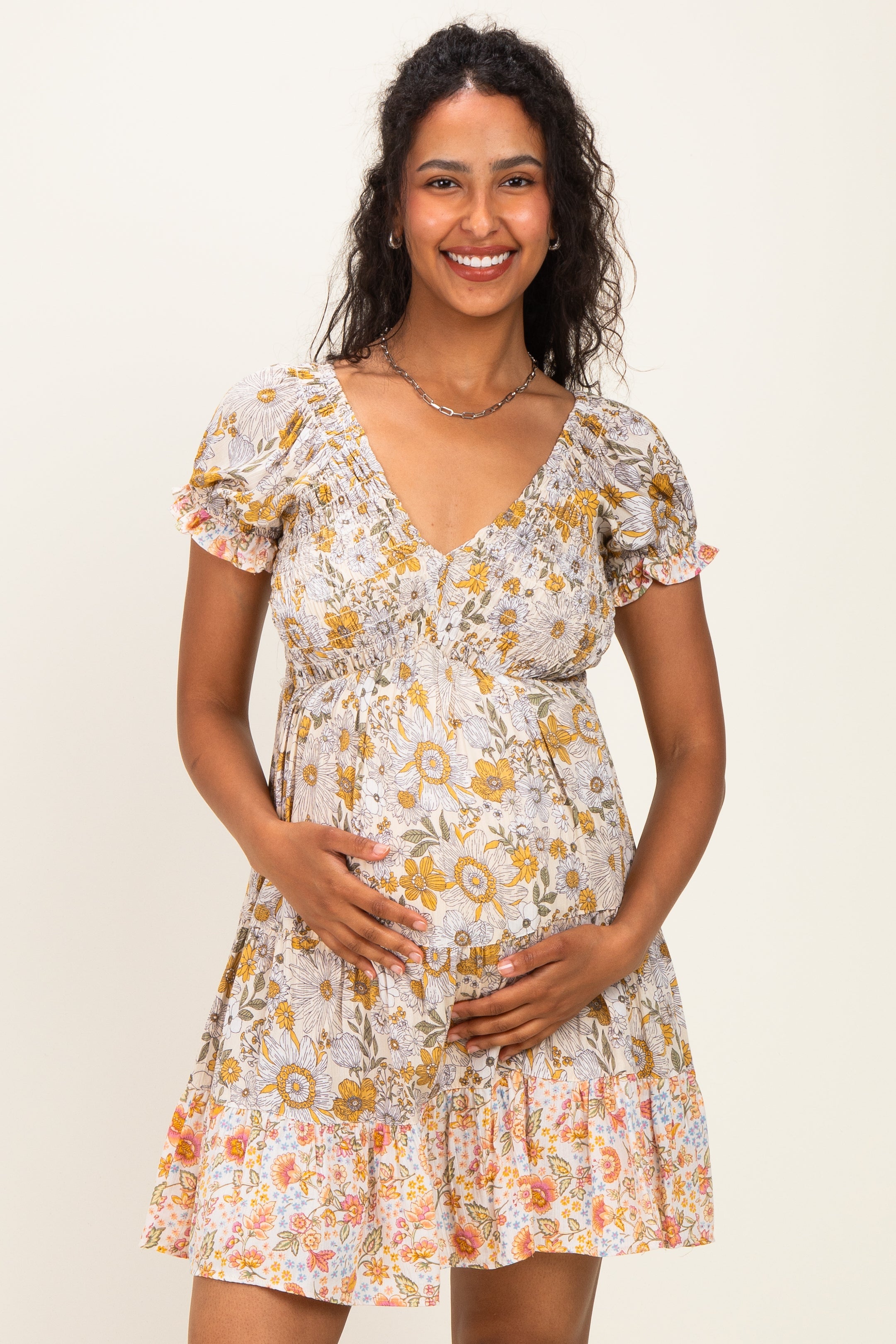 Lemon Mixed Floral V-Neck Smocked Maternity Mini Dress