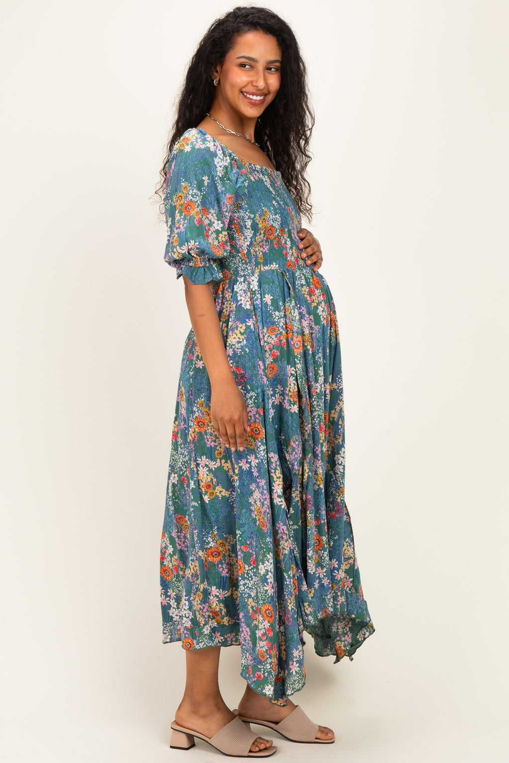 Sage Floral Smocked Handkerchief Hem Maternity Midi Dress