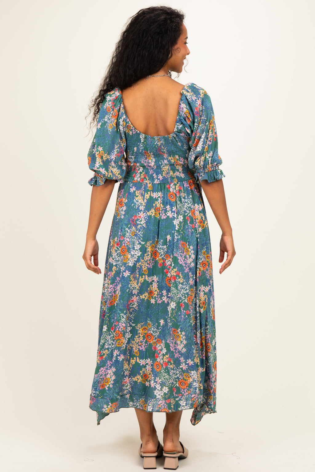 Sage Floral Smocked Handkerchief Hem Maternity Midi Dress