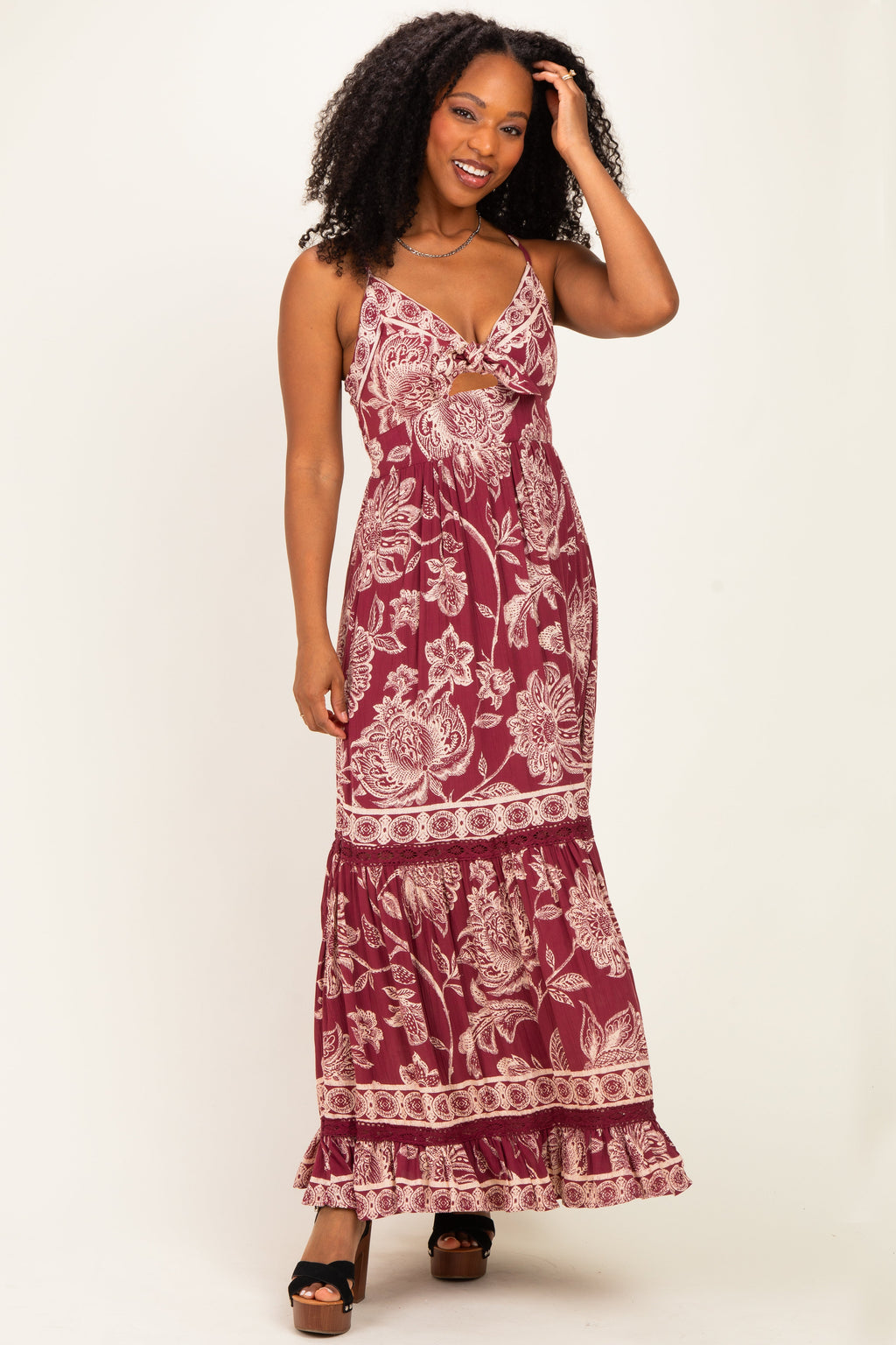 Wine Floral Front Tie Keyhole Maternity Maxi Dress