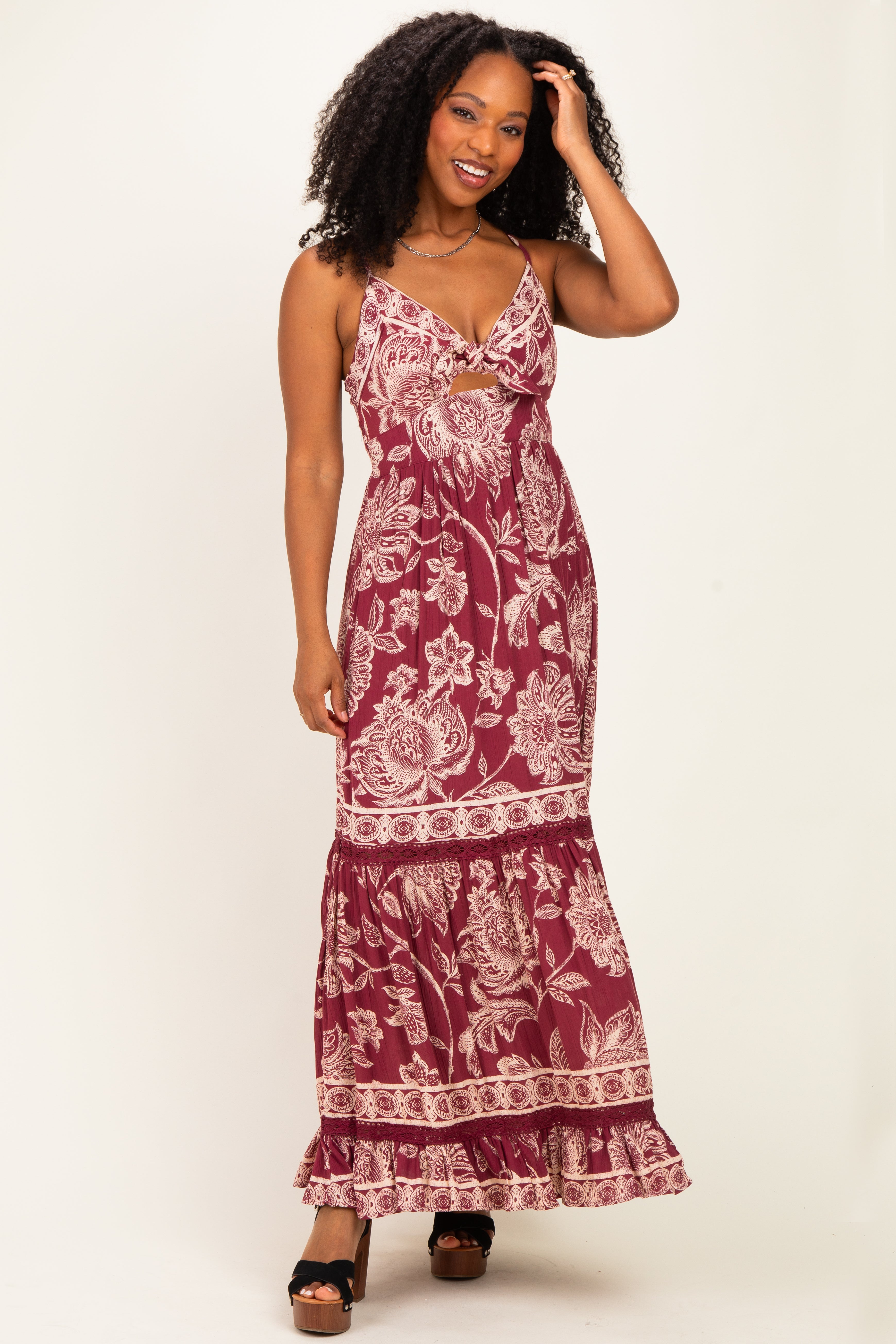 Wine Floral Front Tie Keyhole Maternity Maxi Dress