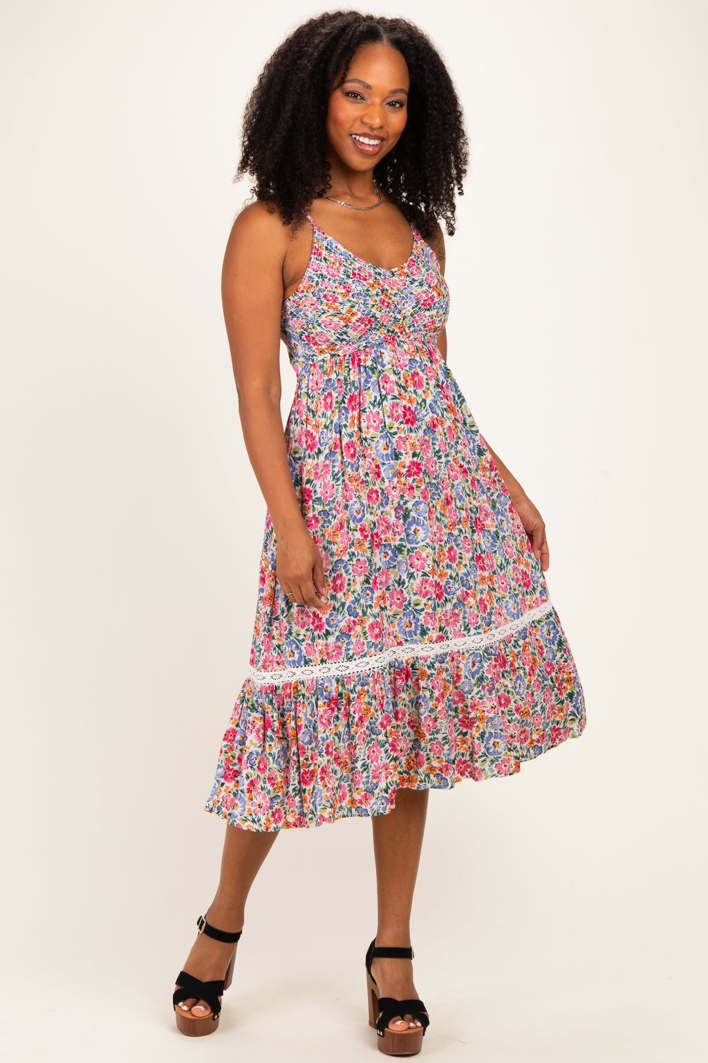 Ivory Floral Lace Up Cutout Maternity Midi Dress
