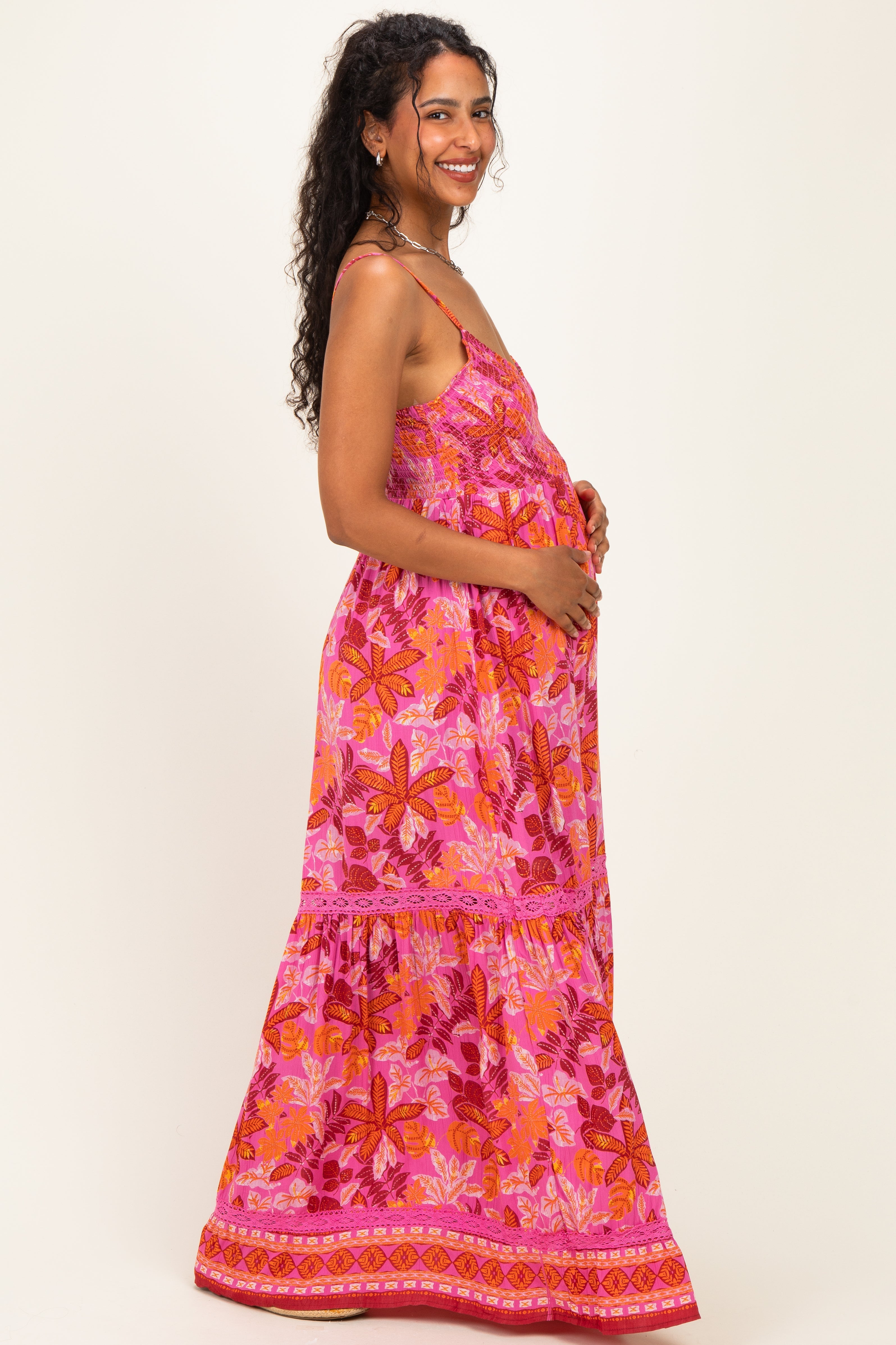 Fuchsia Floral Lace Trim Maternity Maxi Dress