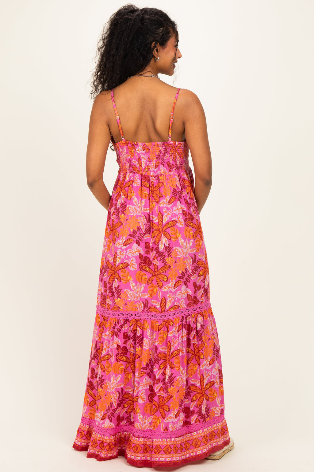 Fuchsia Floral Lace Trim Maternity Maxi Dress