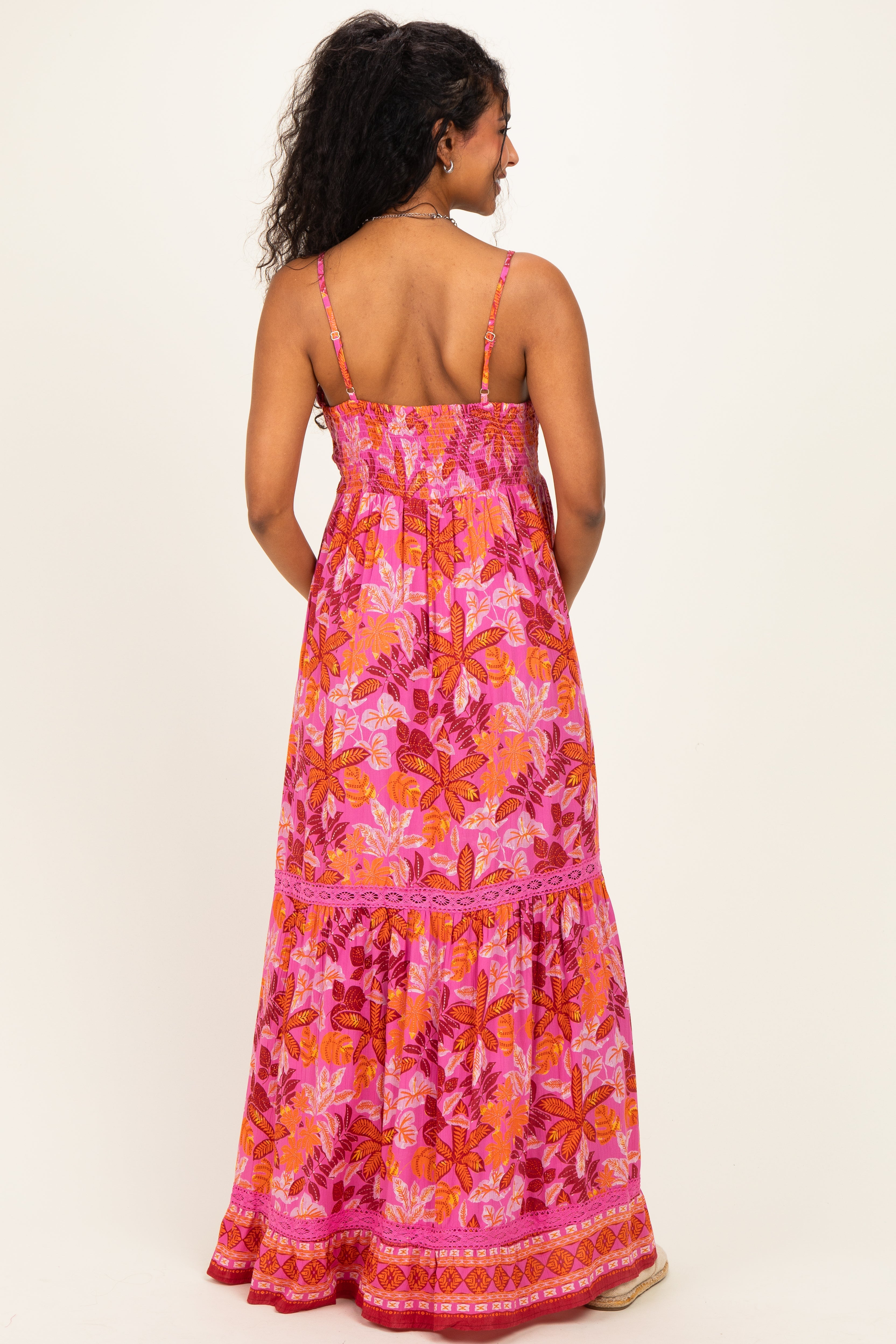 Fuchsia Floral Lace Trim Maternity Maxi Dress