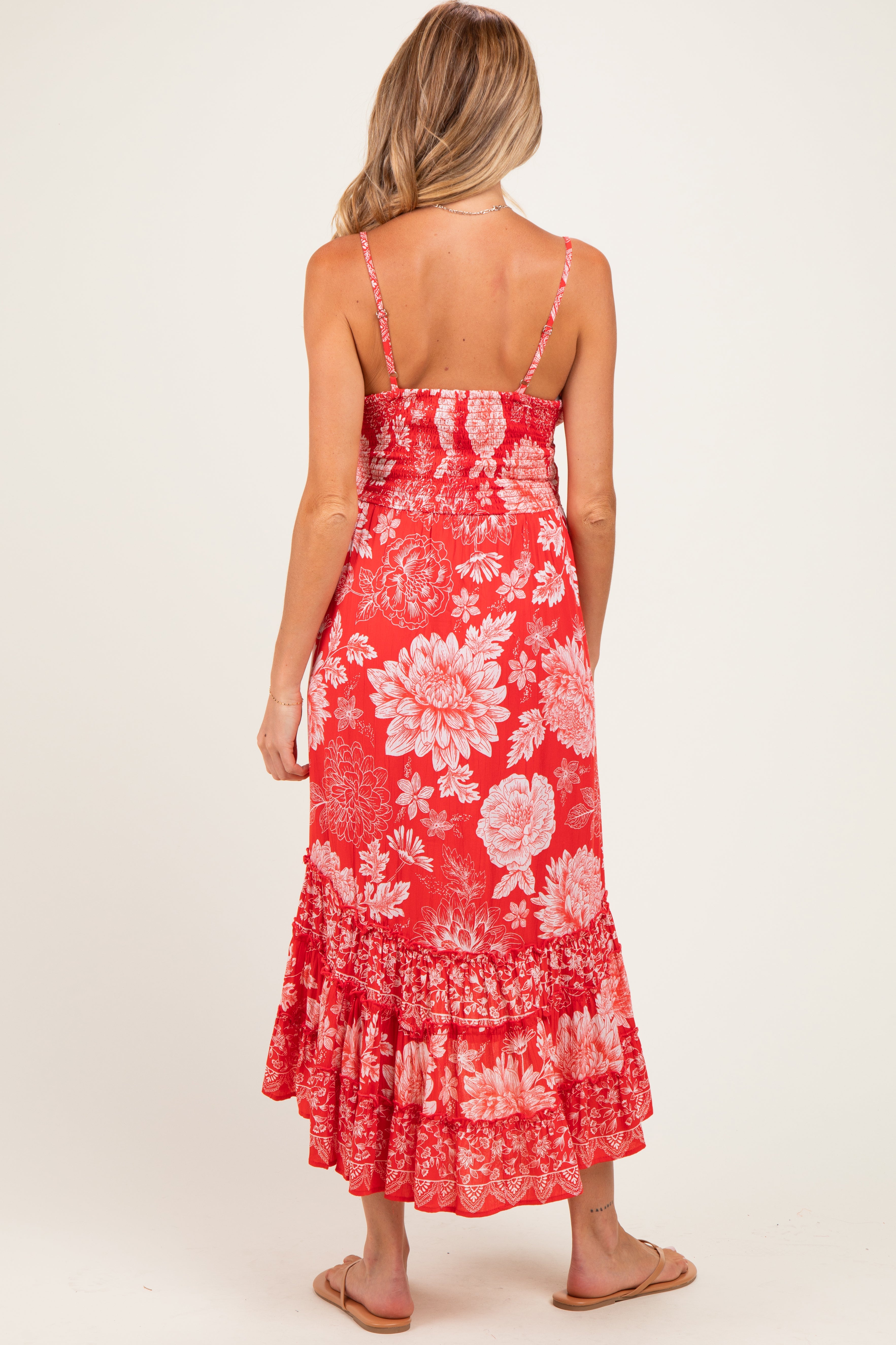 Strawberry Floral V-Neck Tiered Hem Maternity Midi Dress