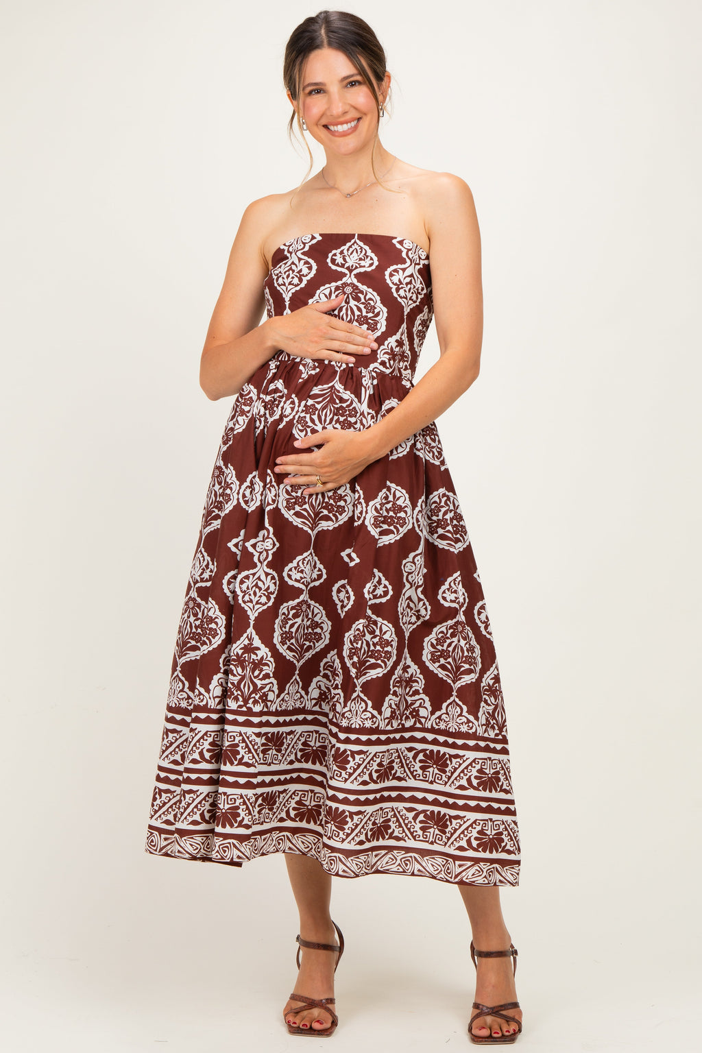 Chocolate Damask Strapless Maternity Midi Dress