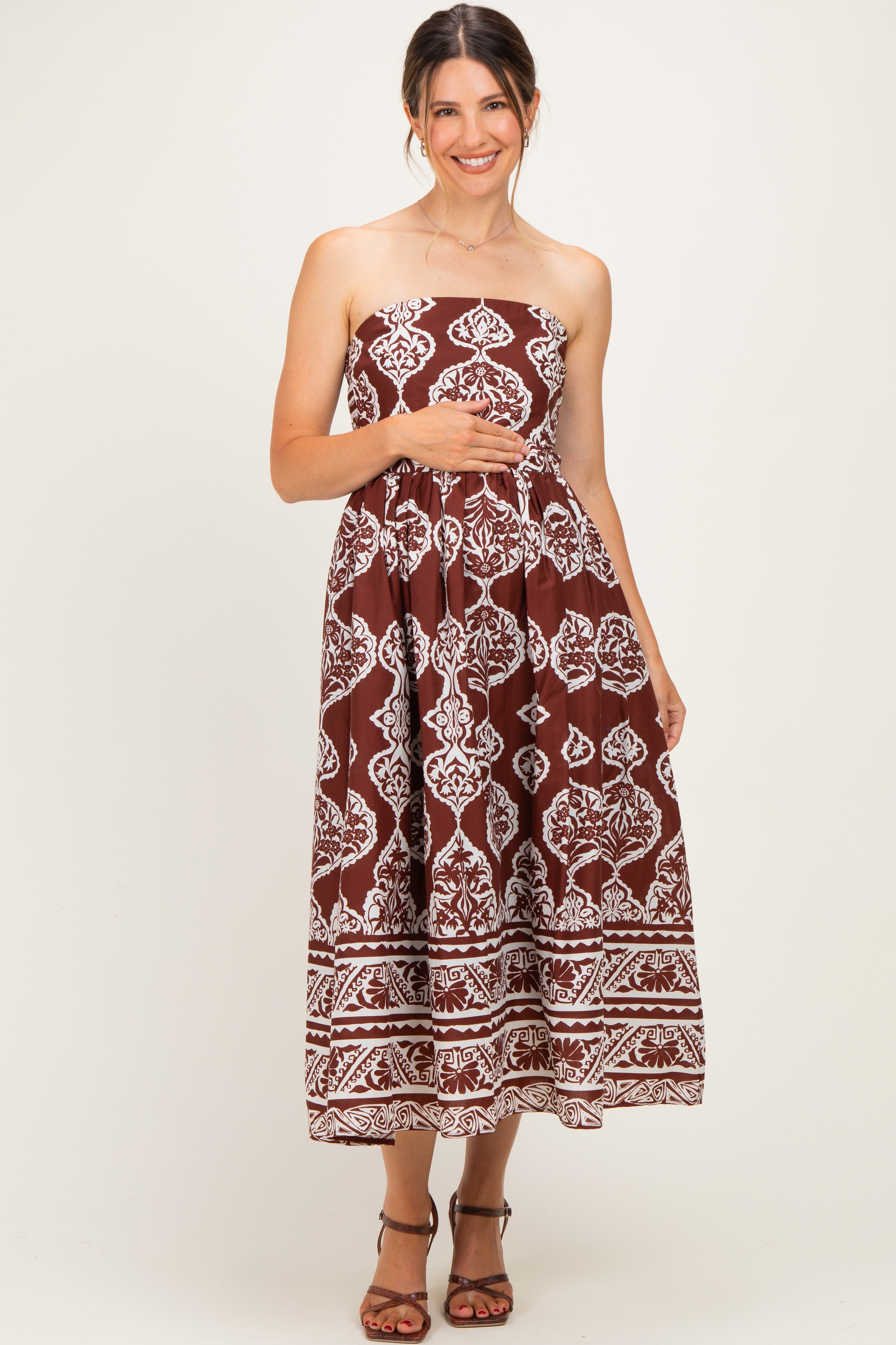 Chocolate Damask Strapless Maternity Midi Dress