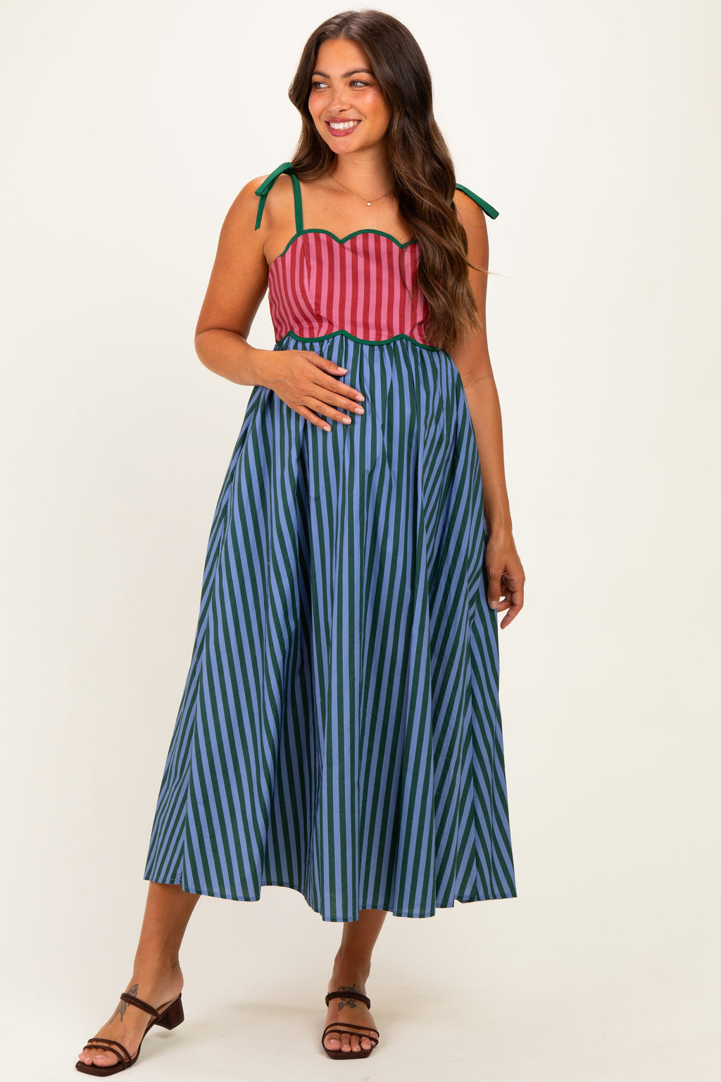 Blue Striped Colorblock Scallop Detail Maternity Midi Dress