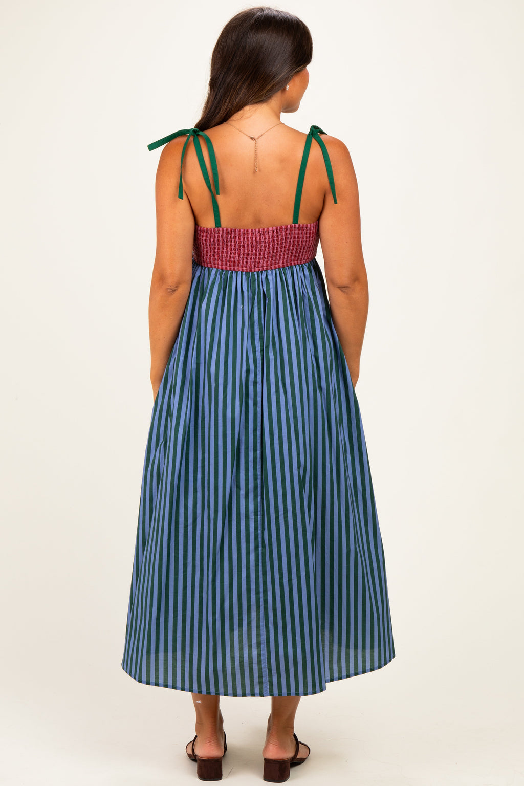 Blue Striped Colorblock Scallop Detail Maternity Midi Dress