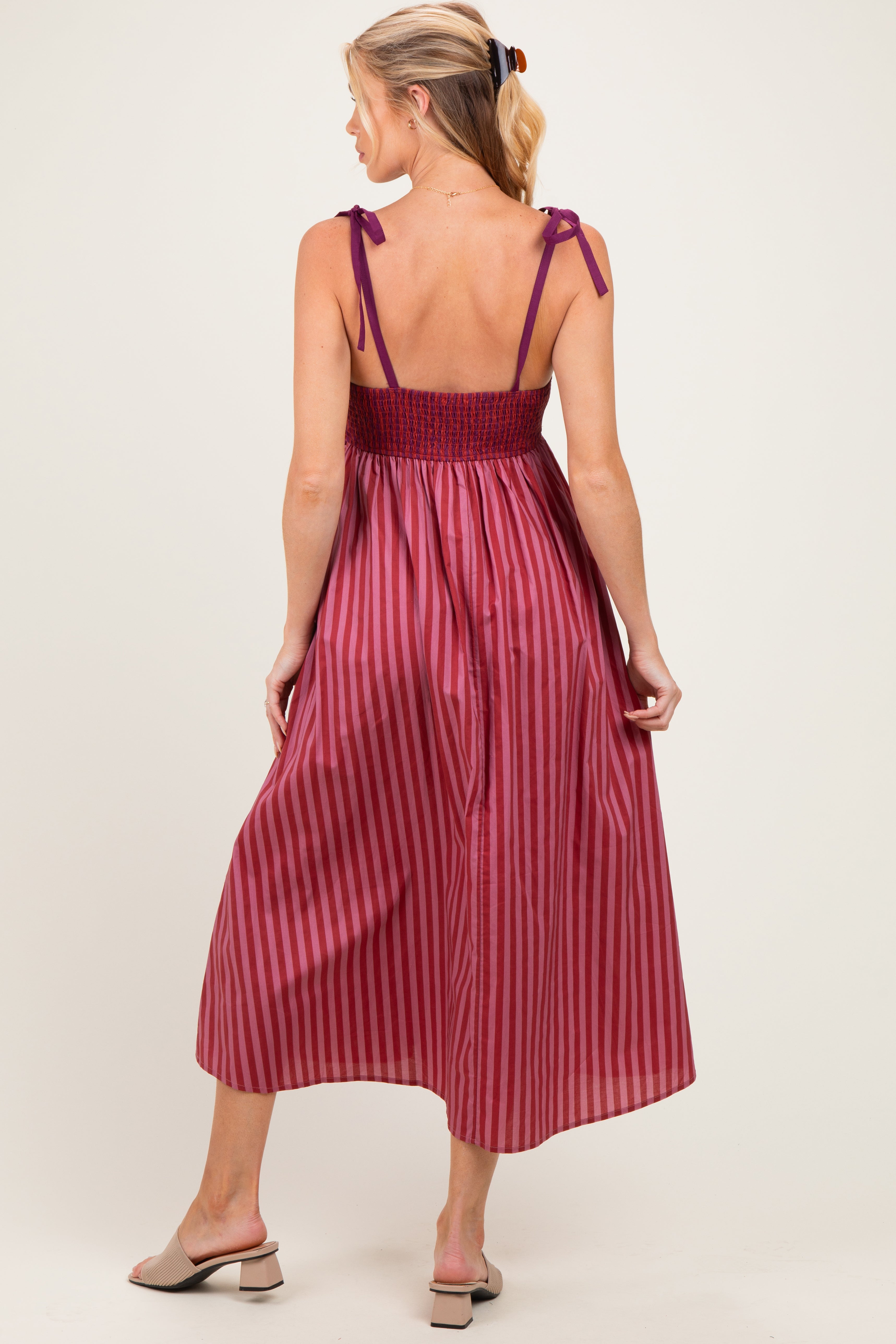 Mauve Striped Colorblock Scallop Detail Maternity Midi Dress