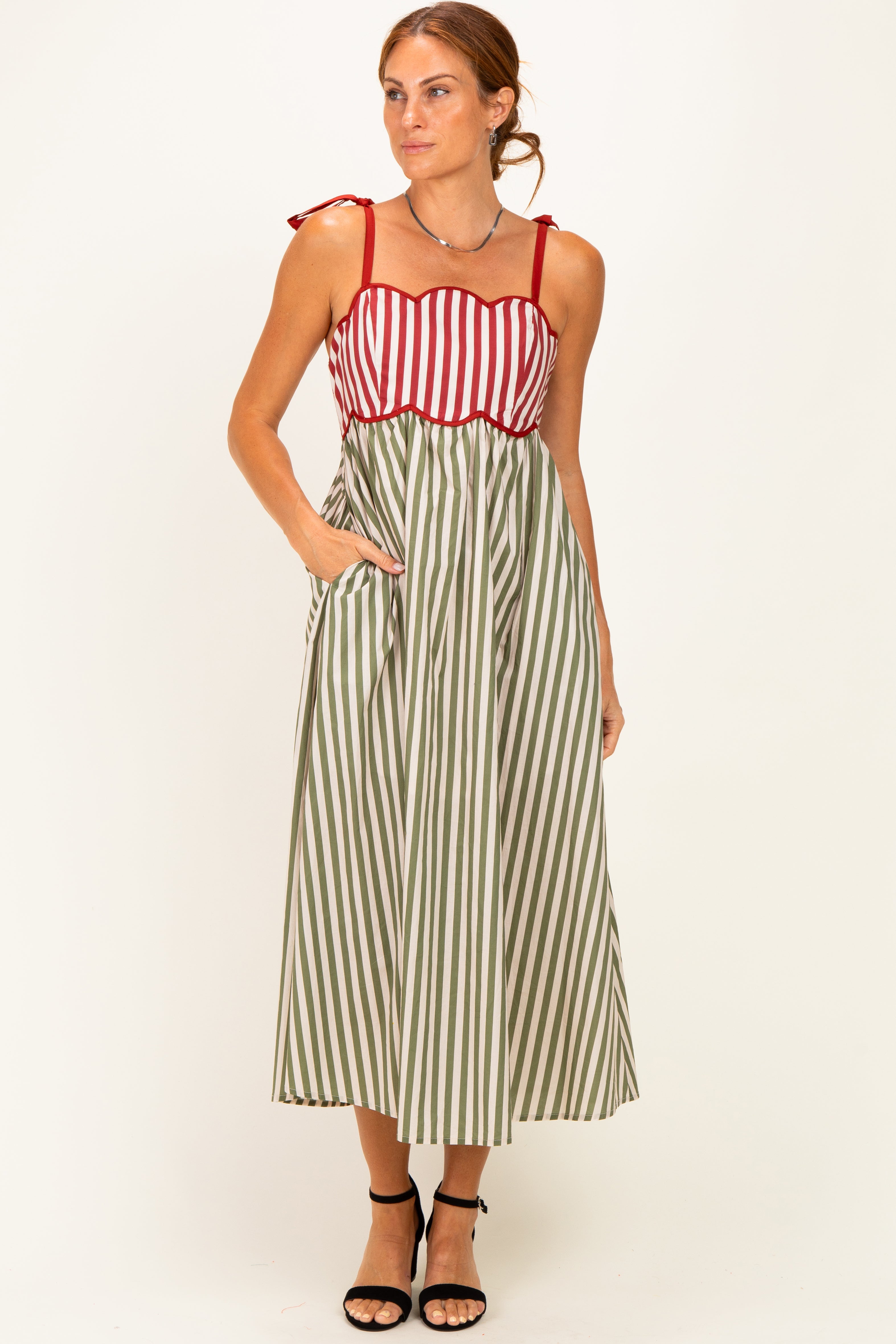 Olive Striped Colorblock Scallop Detail Maternity Midi Dress