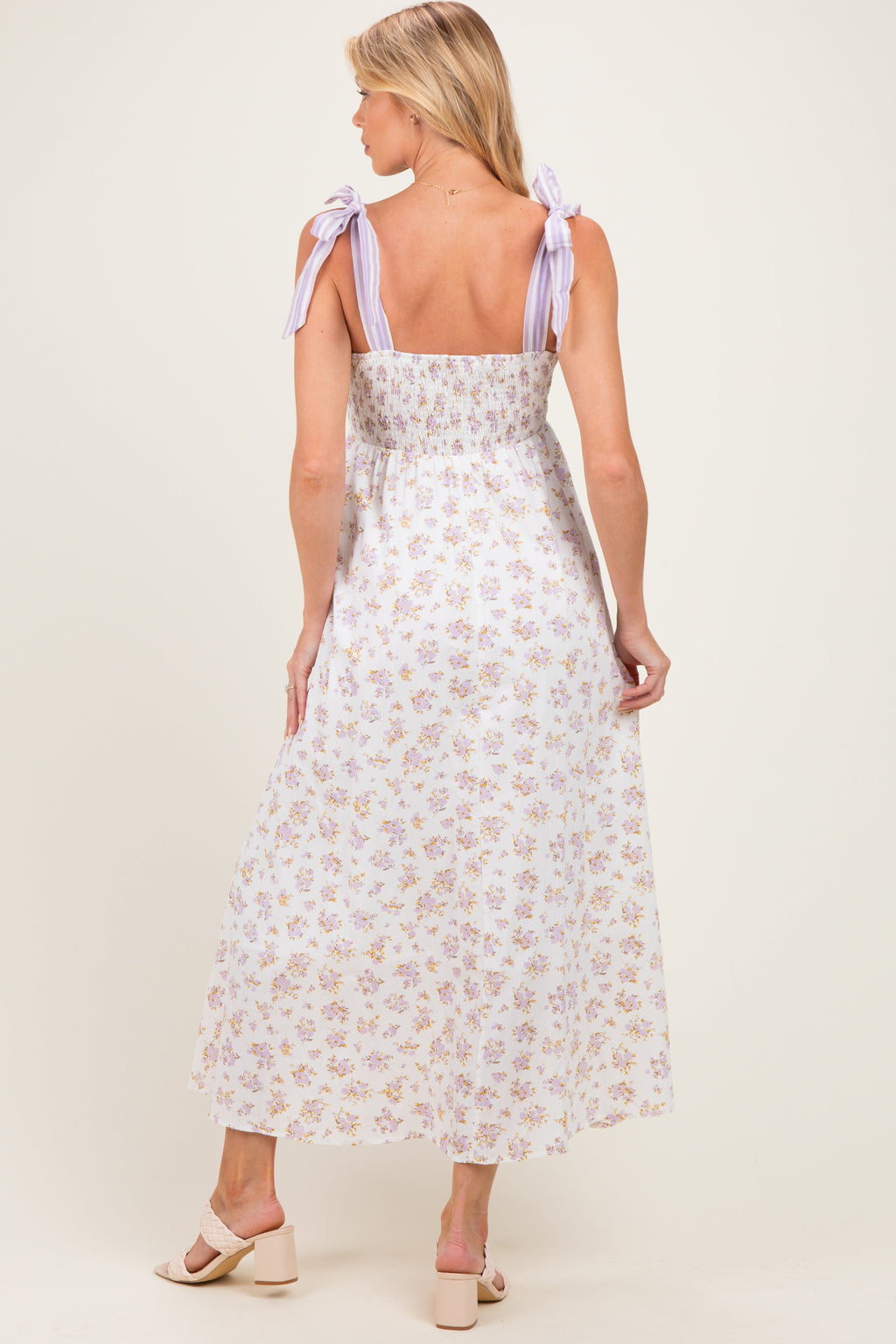 Lavender Floral Striped Shoulder Tie Maternity Maxi Dress