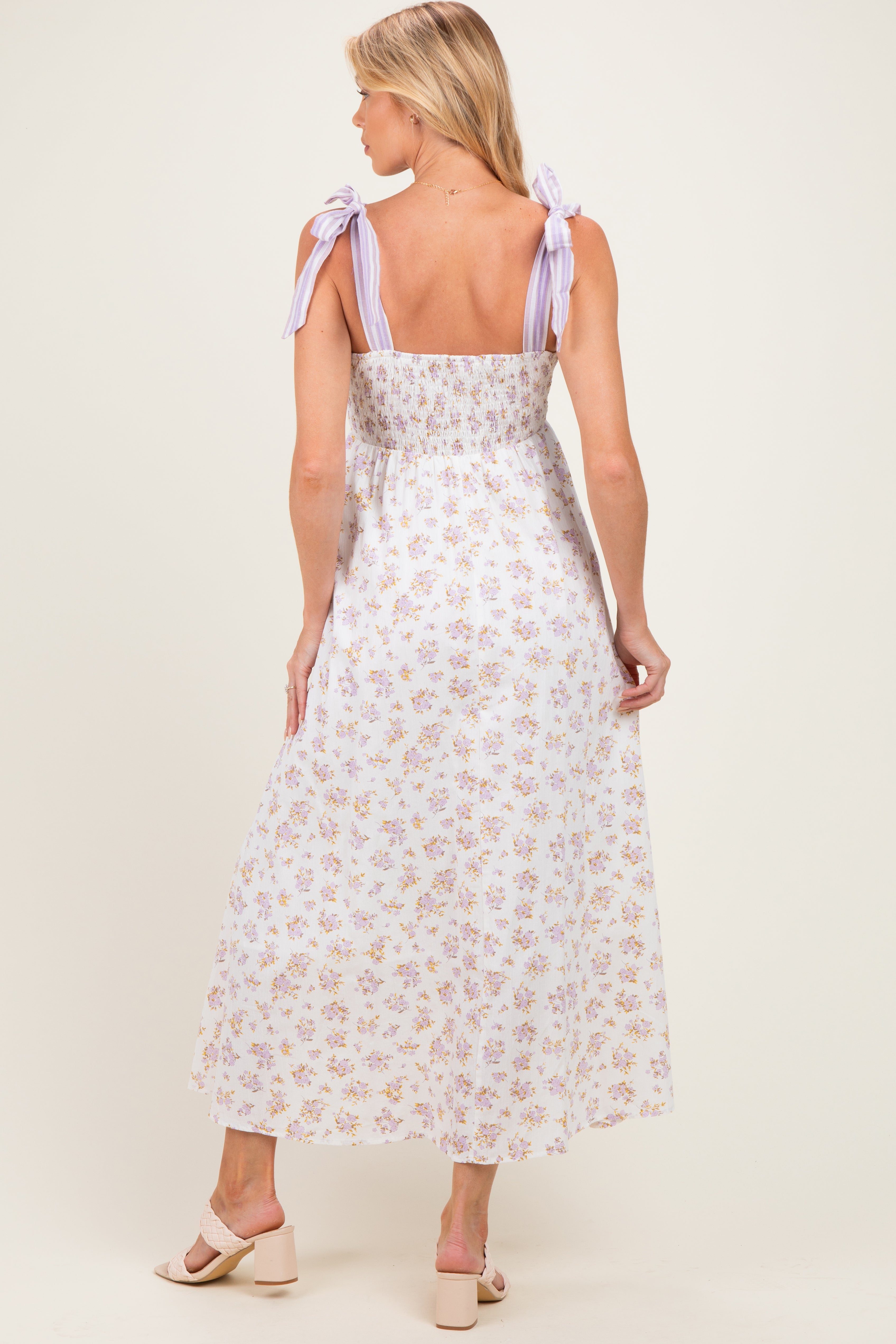 Lavender Floral Striped Shoulder Tie Maternity Maxi Dress