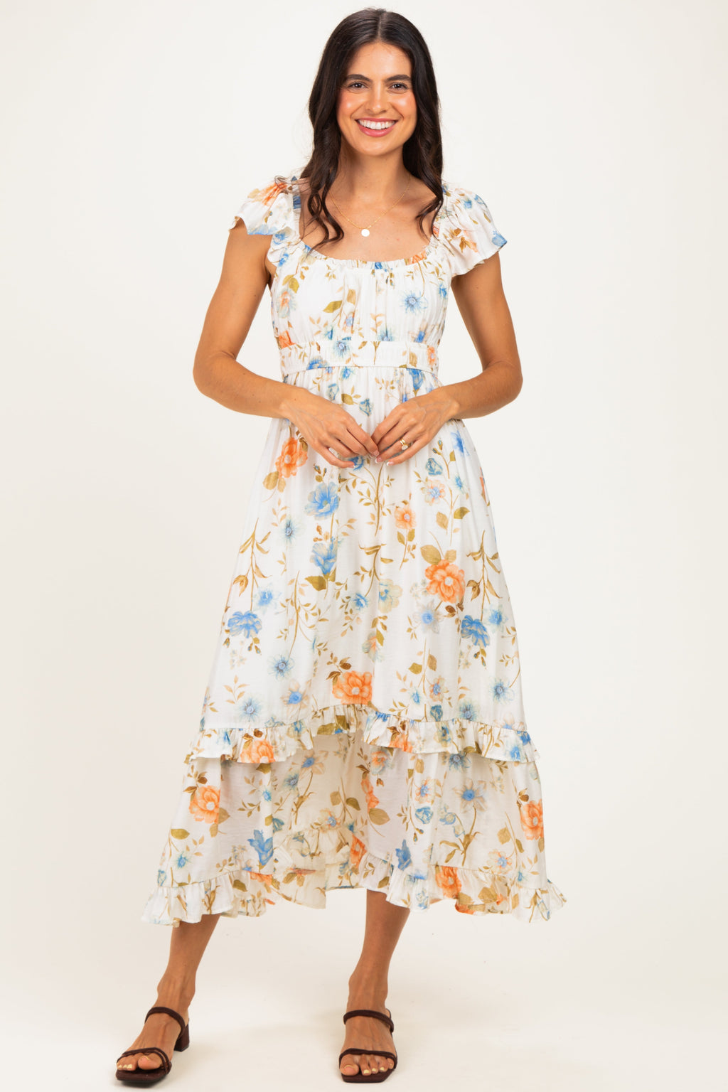 Beige Floral Ruffle Accent Maternity Midi Dress