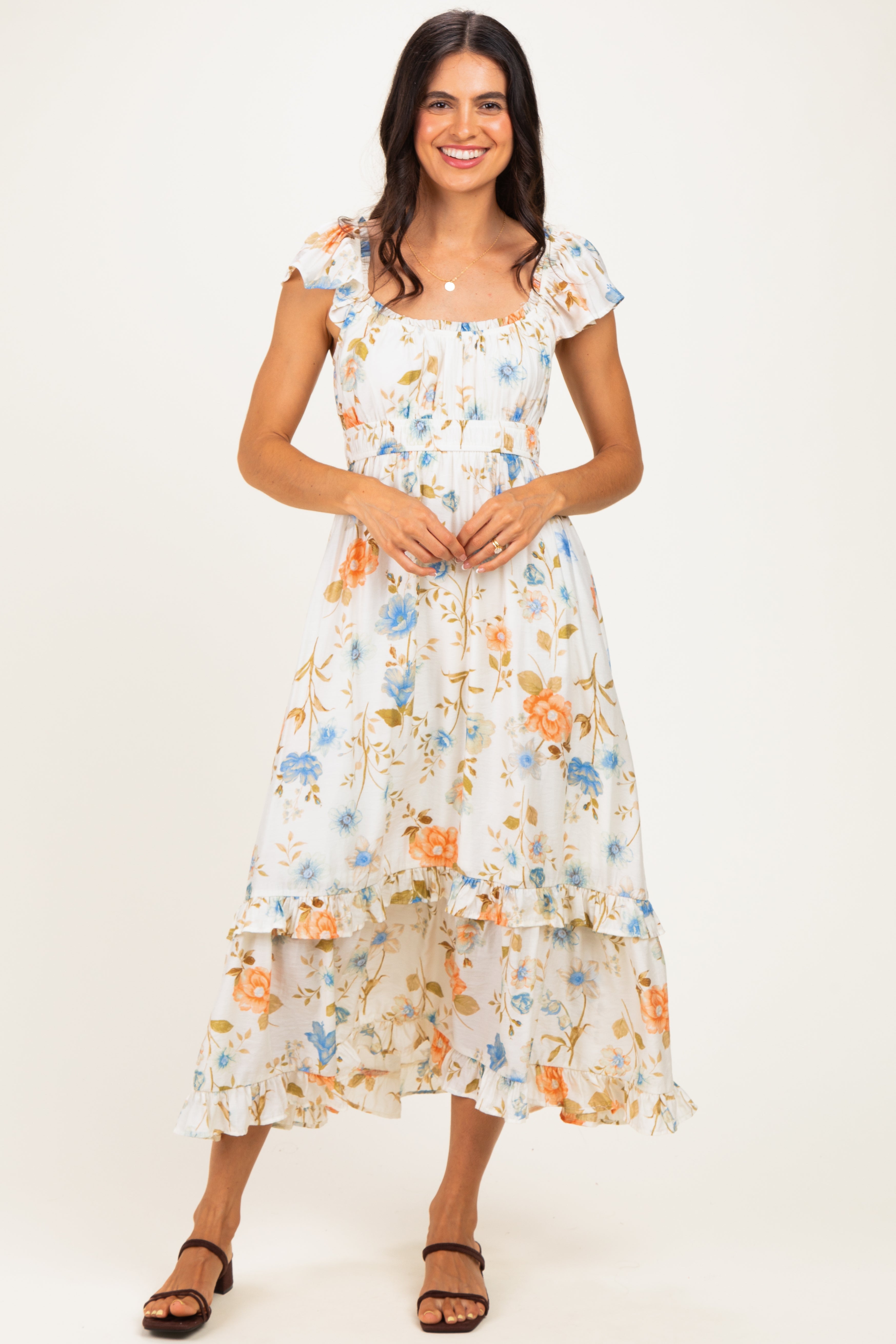 Beige Floral Ruffle Accent Maternity Midi Dress