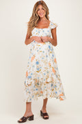 Beige Floral Ruffle Accent Maternity Midi Dress