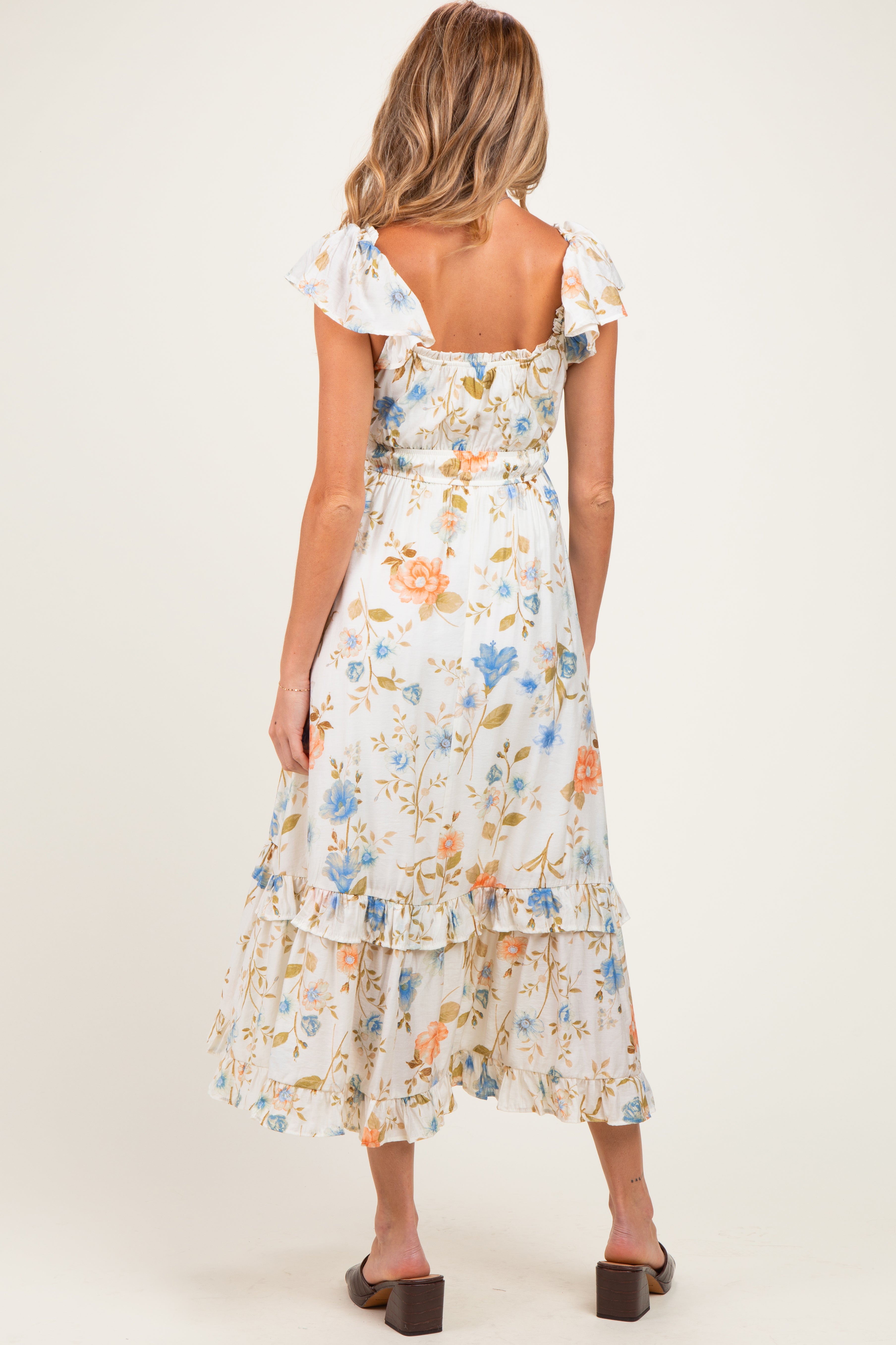 Beige Floral Ruffle Accent Maternity Midi Dress