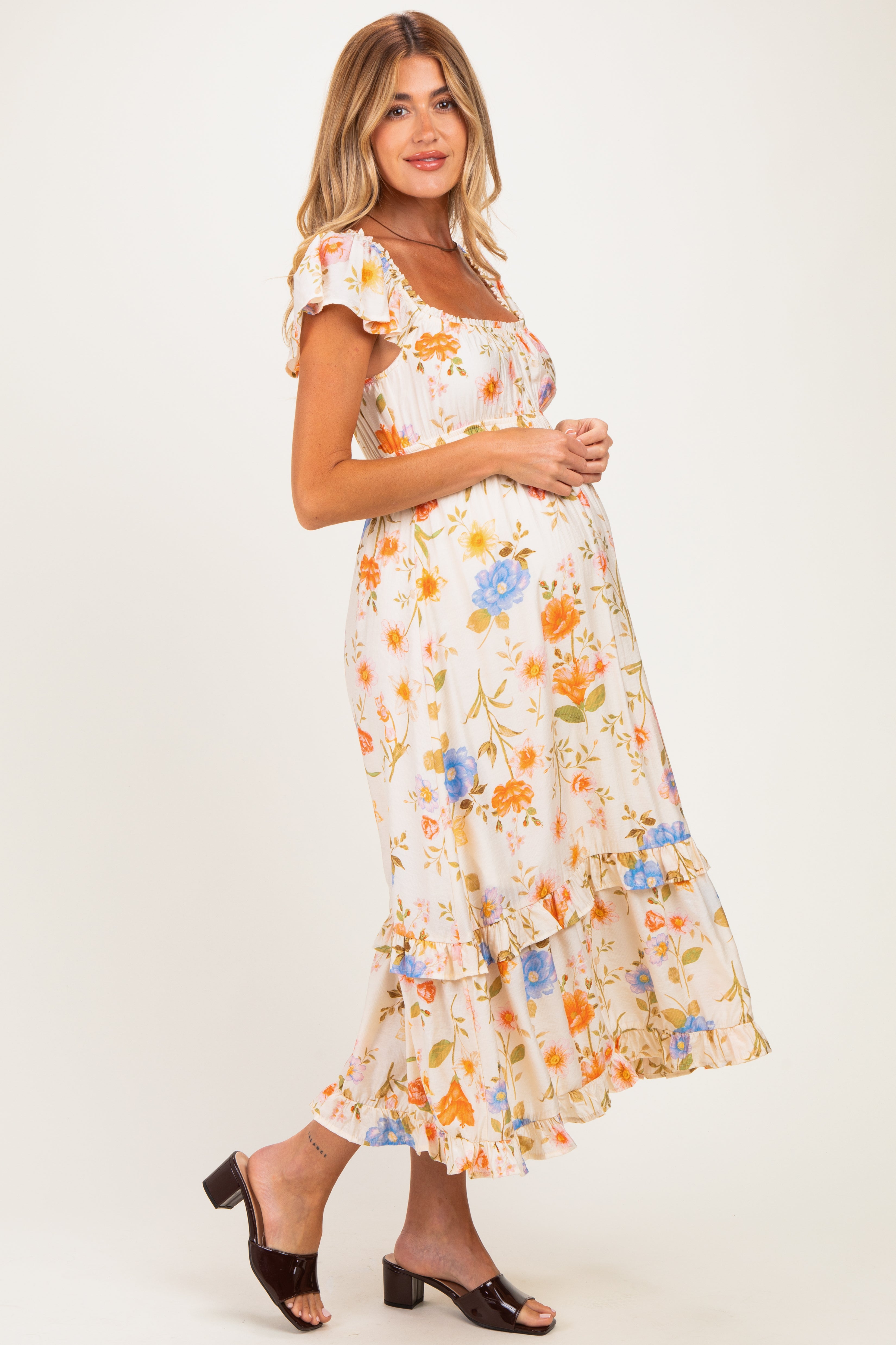 Ivory Floral Ruffle Accent Maternity Midi Dress