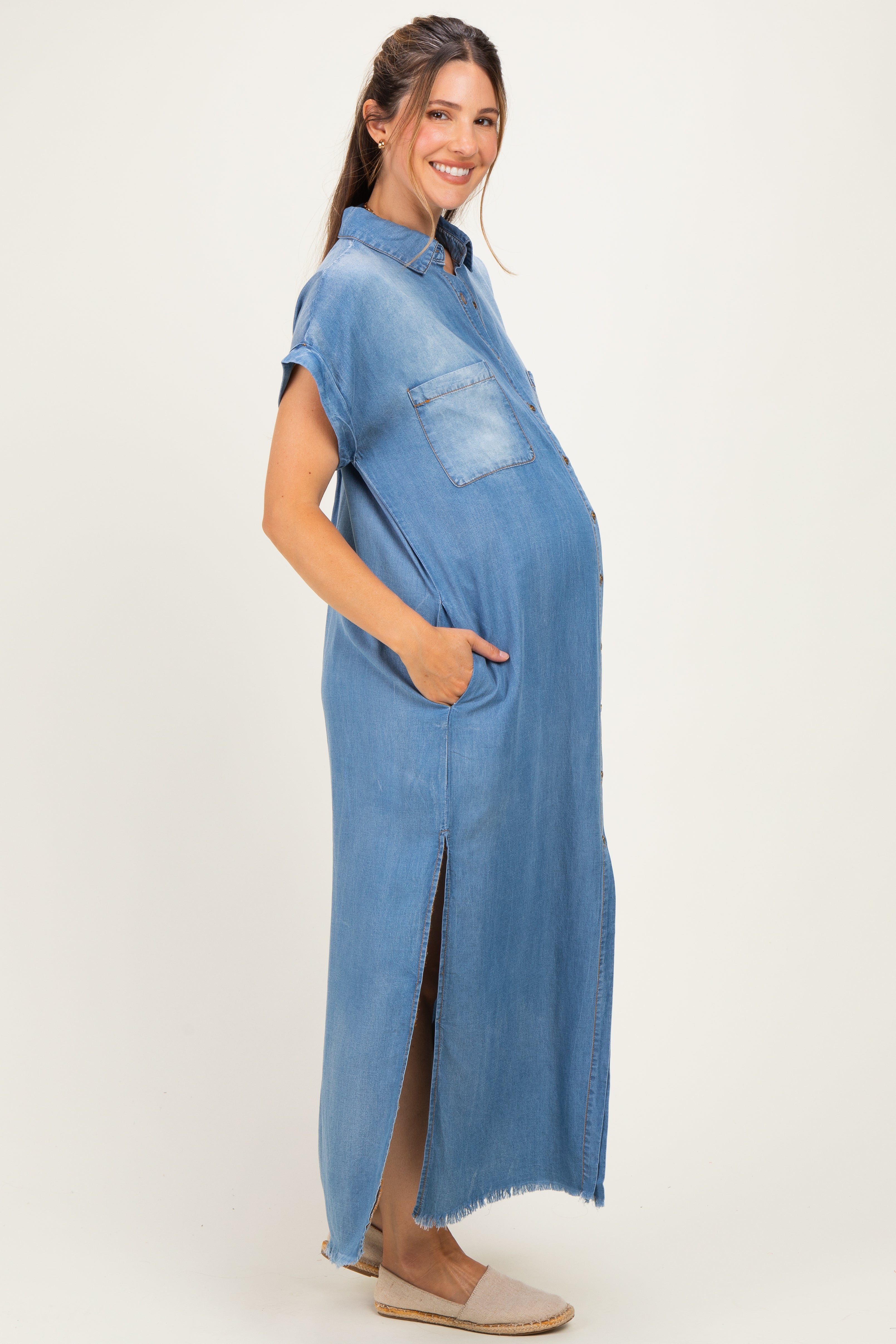 Light Denim Chambray Maternity Maxi Shirt Dress