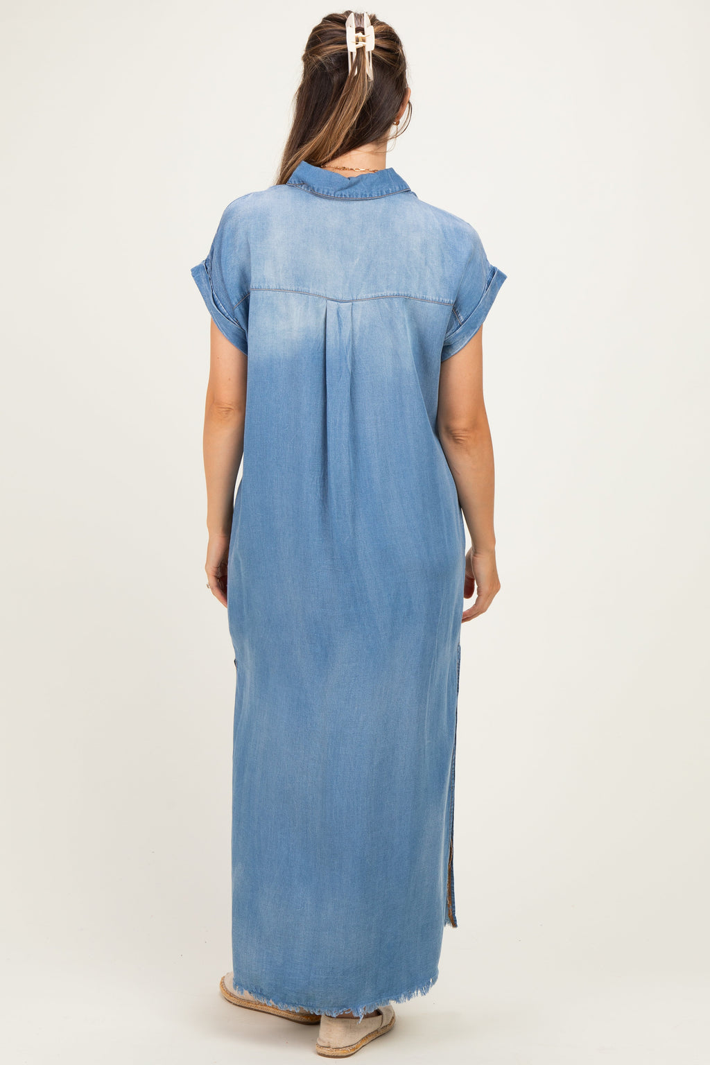 Light Denim Chambray Maternity Maxi Shirt Dress