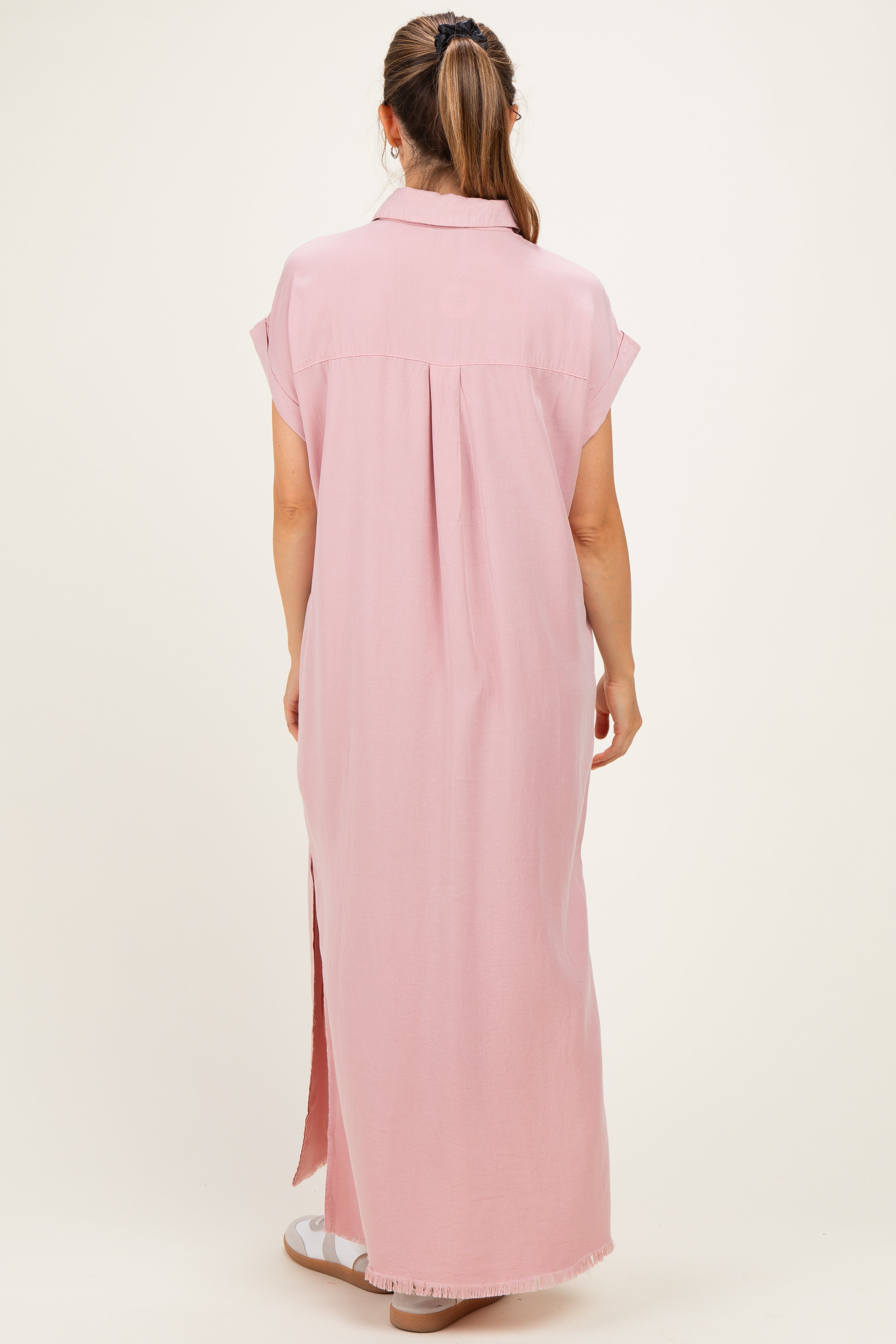 Pink Chambray Maternity Maxi Shirt Dress